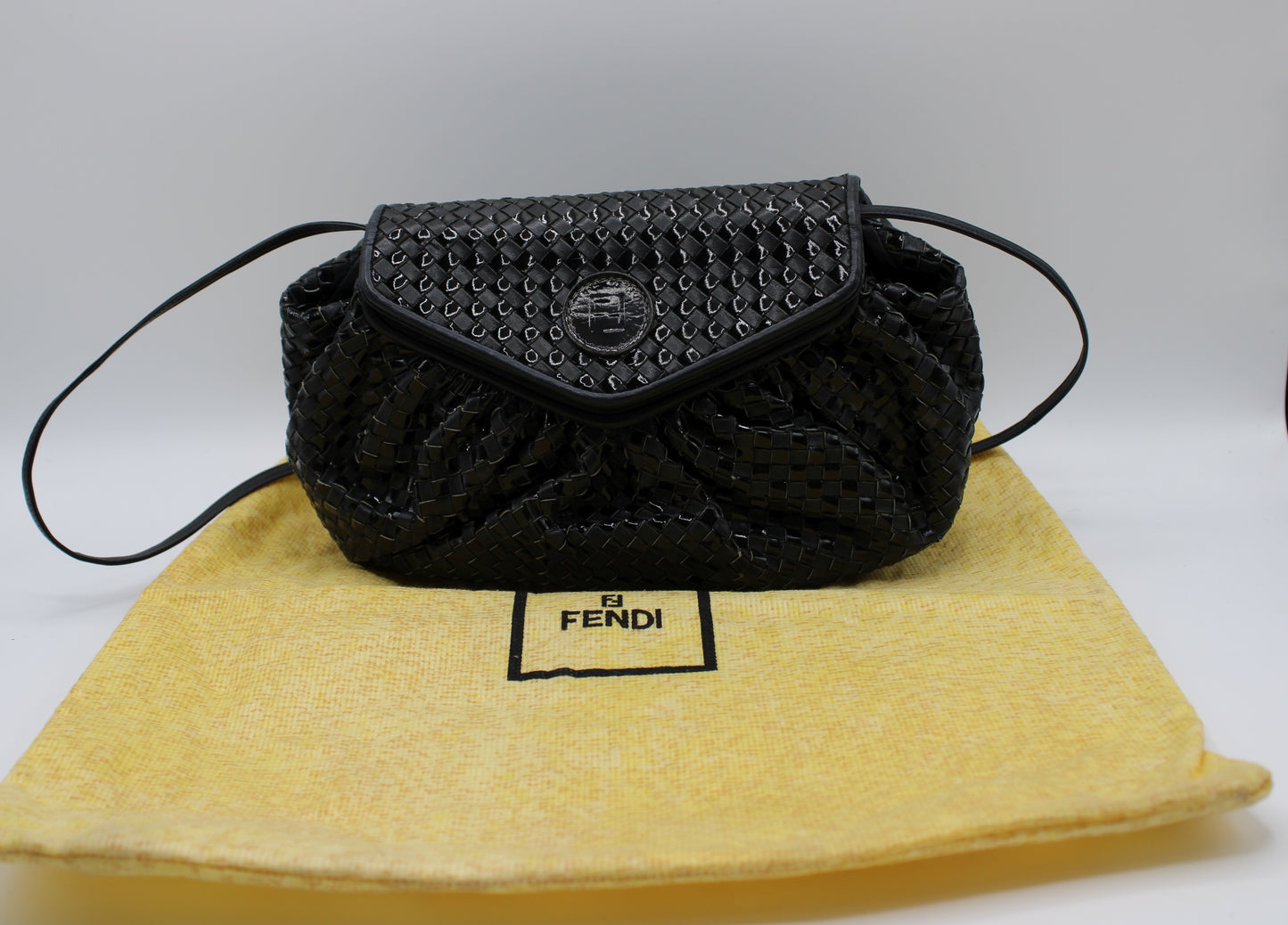 Fendi Bag Woven Leather Crossbody FF Logo Black Vintage