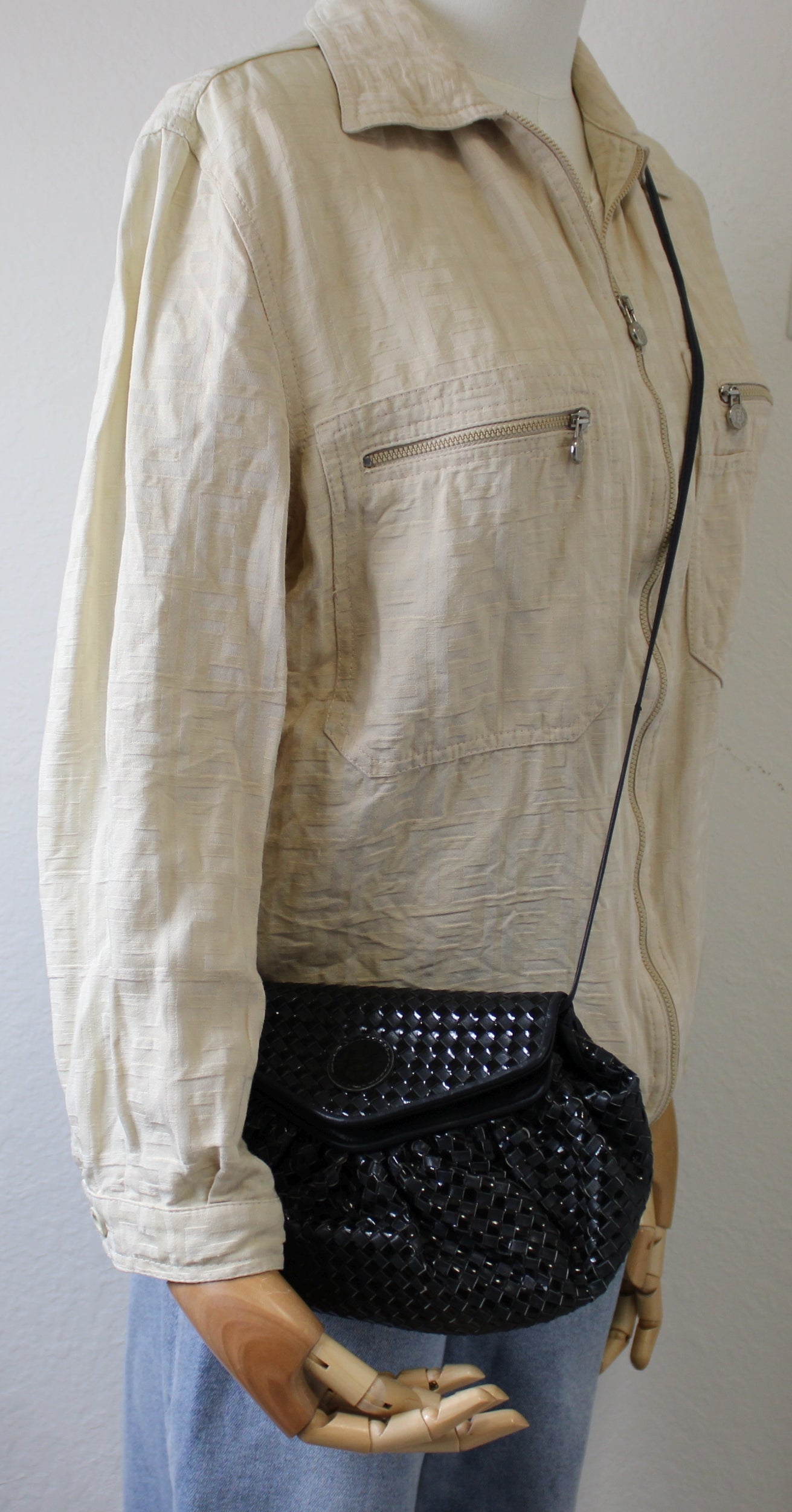Fendi Bag Woven Leather Crossbody FF Logo Black Vintage