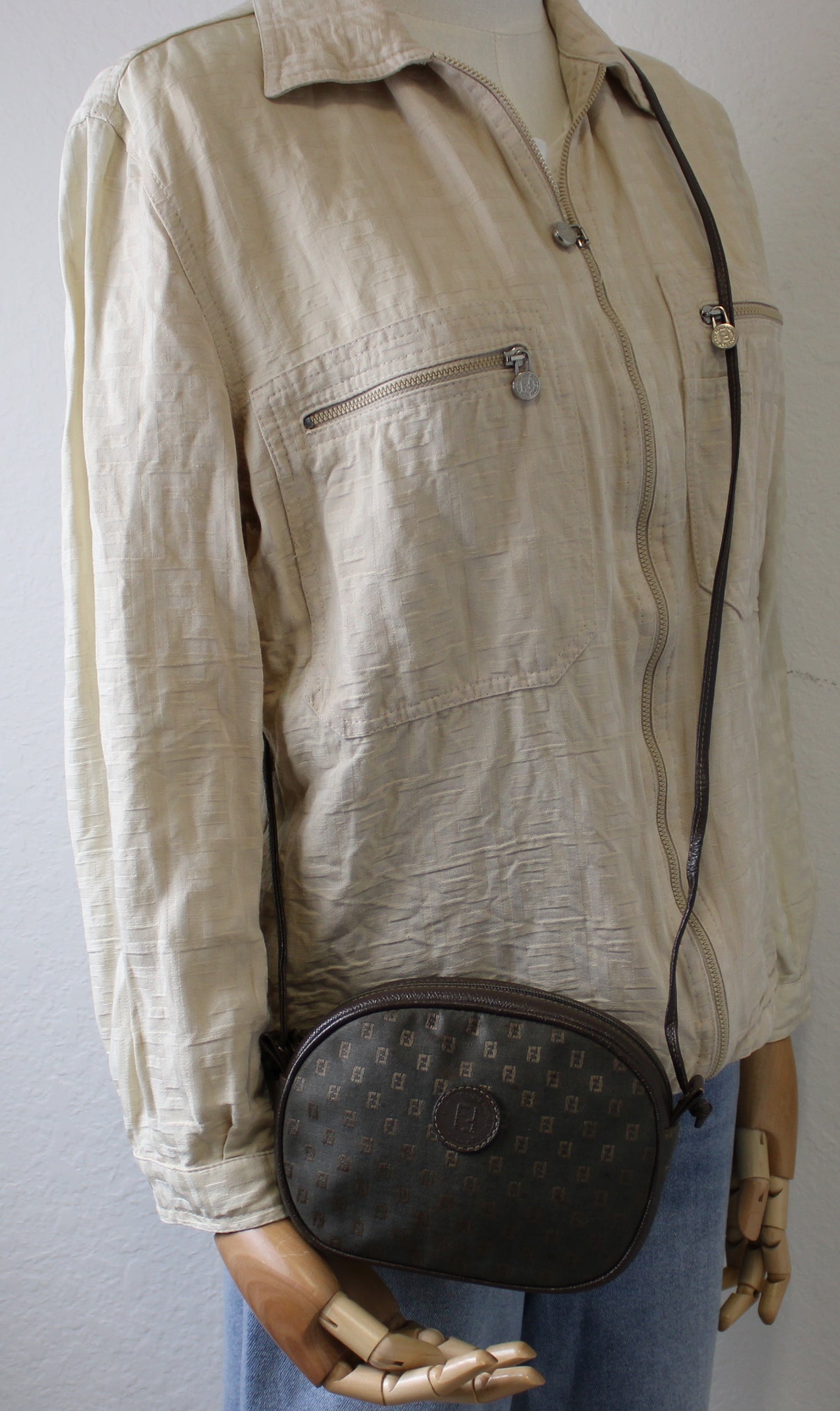 Fendi FF Logo Brown Canvas Crossbody Bag Vintage