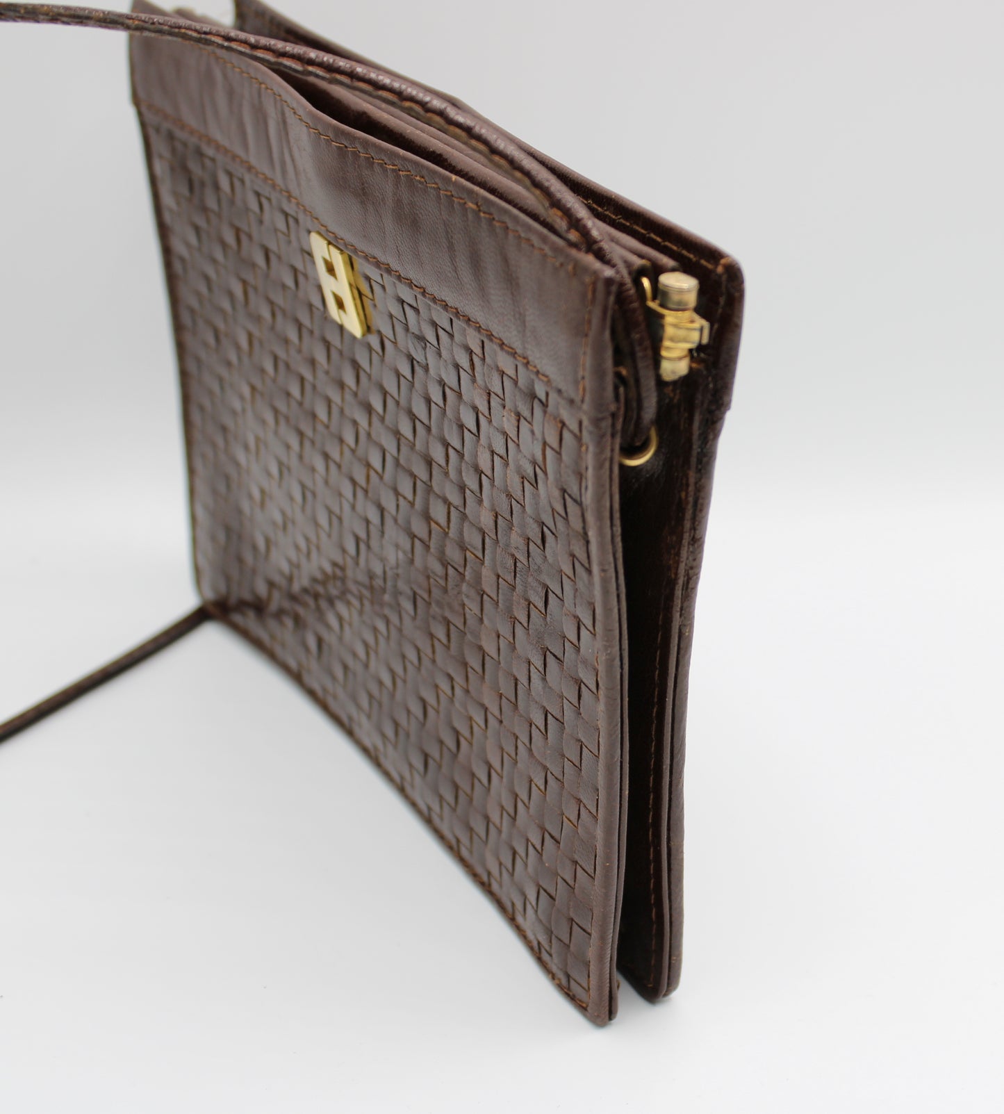 Fendi Woven Brown Leather Framed Bag Vintage