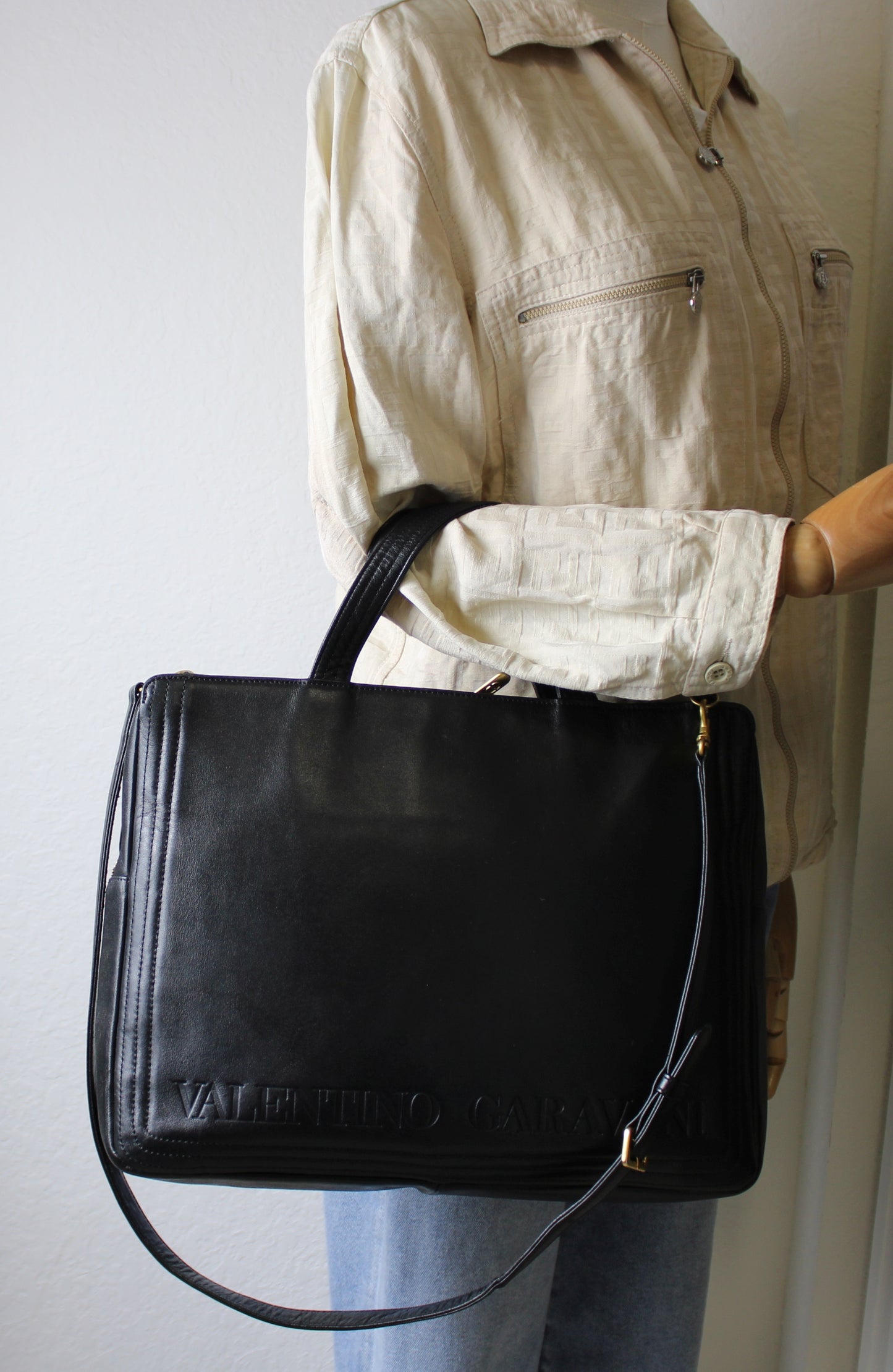 Valentino Garavani Black Leather Wall Street  Classic Briefcase Bag