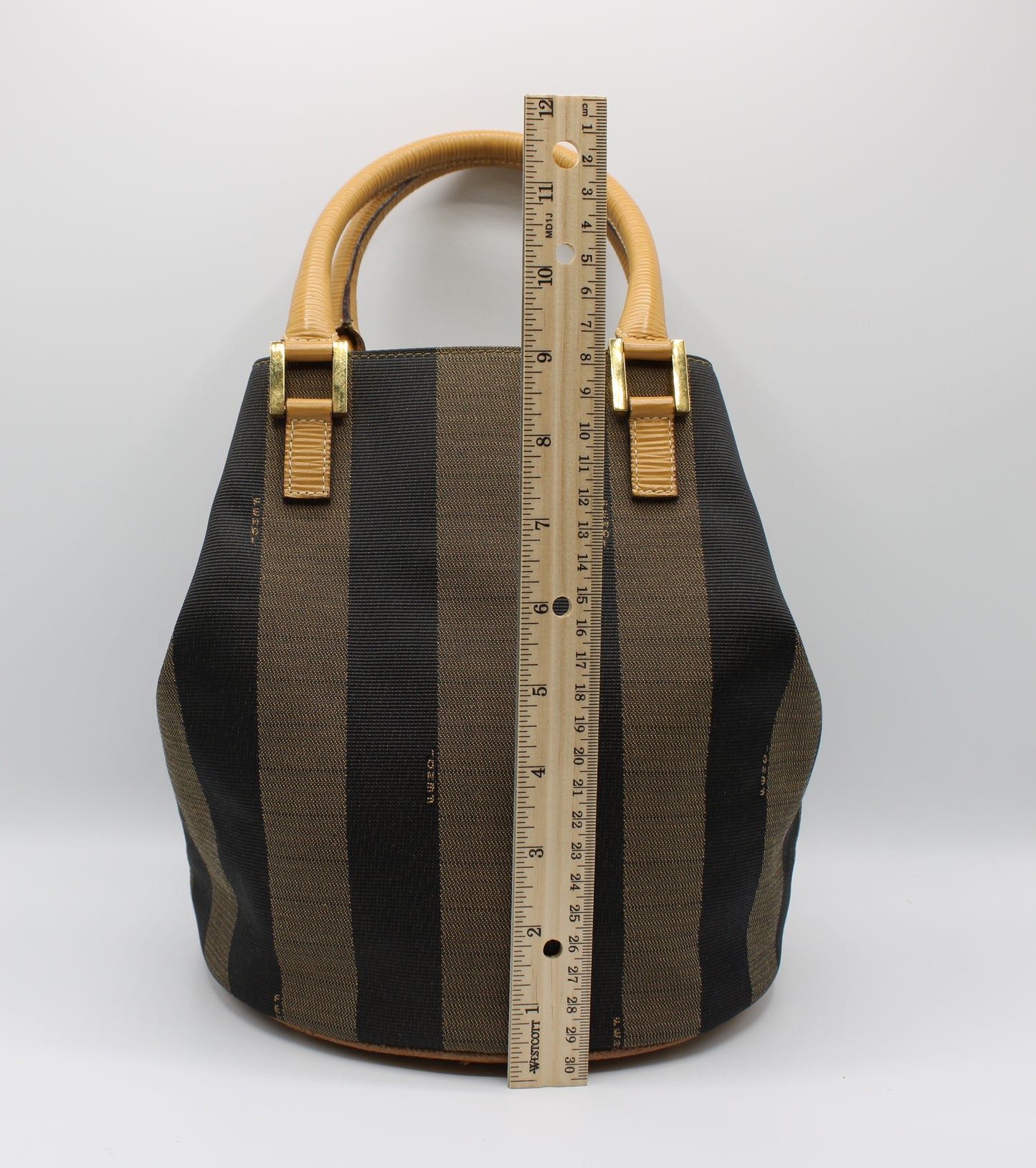 Fendi 2011 Pequin Striped Pattern Bucket Tote Brown Vintage
