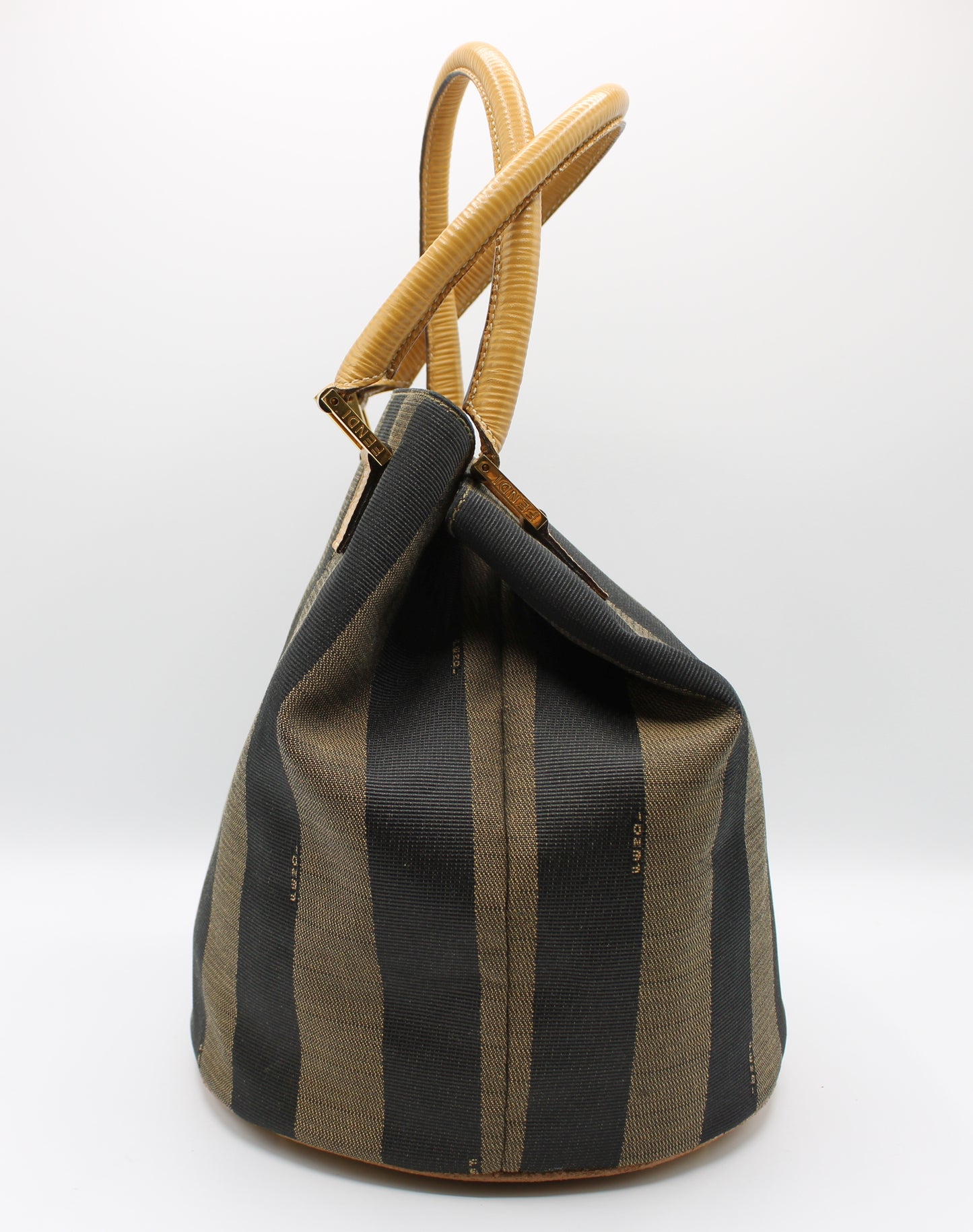Fendi 2011 Pequin Striped Pattern Bucket Tote Brown Vintage