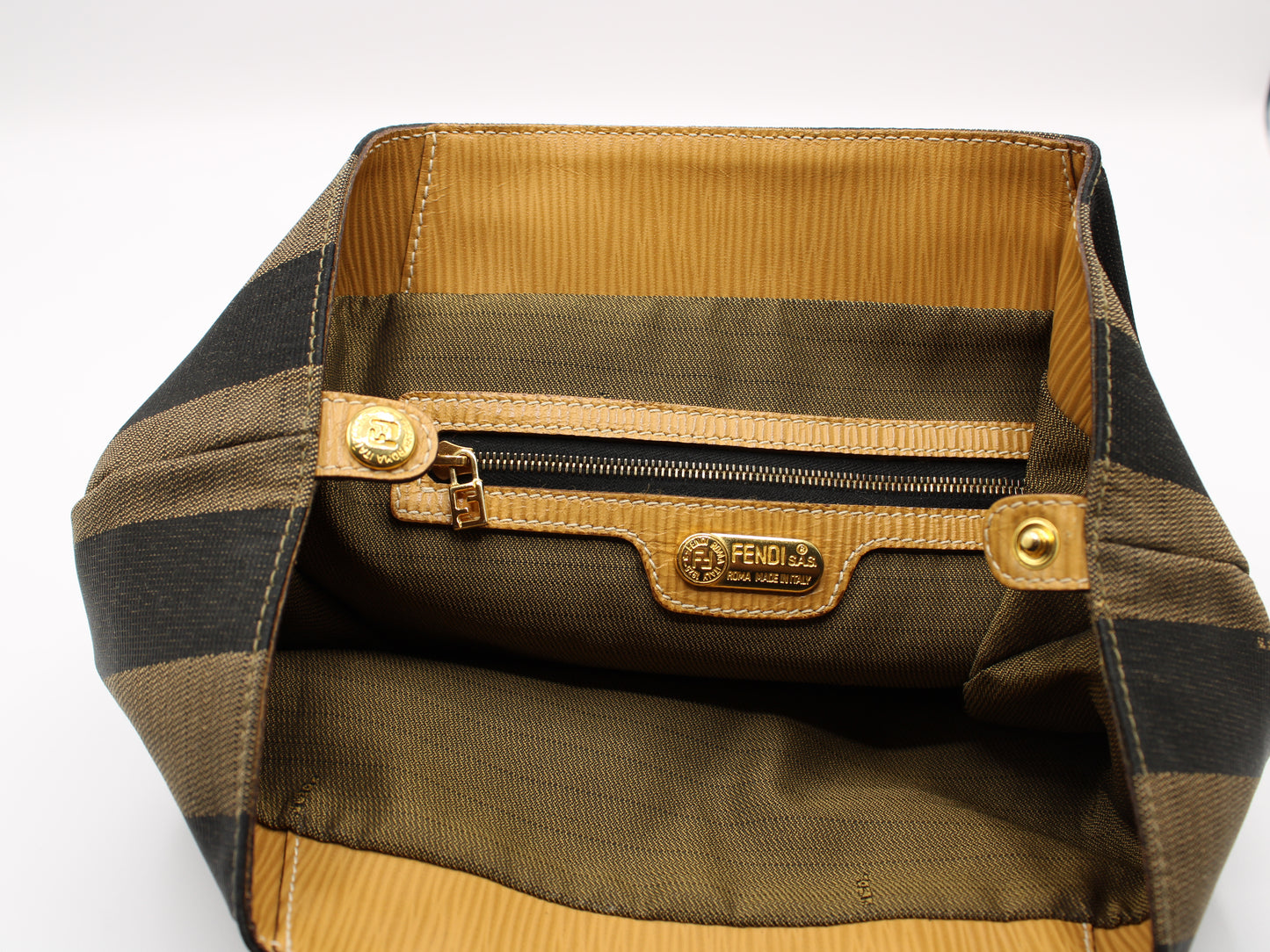 Fendi 2011 Pequin Striped Pattern Bucket Tote Brown Vintage
