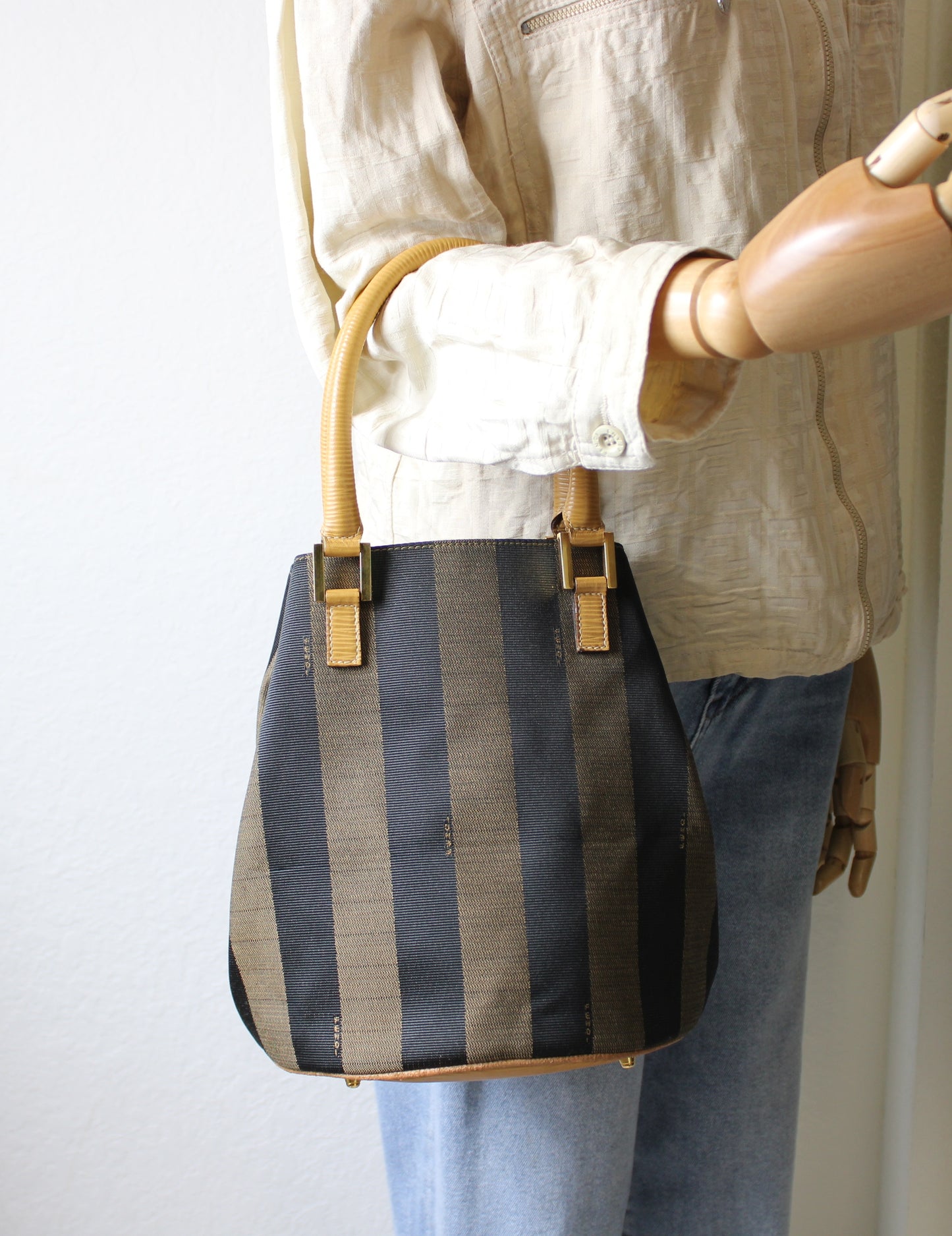 Fendi 2011 Pequin Striped Pattern Bucket Tote Brown Vintage