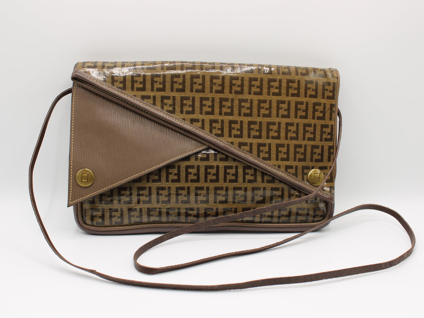 Fendi Zucchino Crossbody Bag Brown Triple Flap Design Vintage