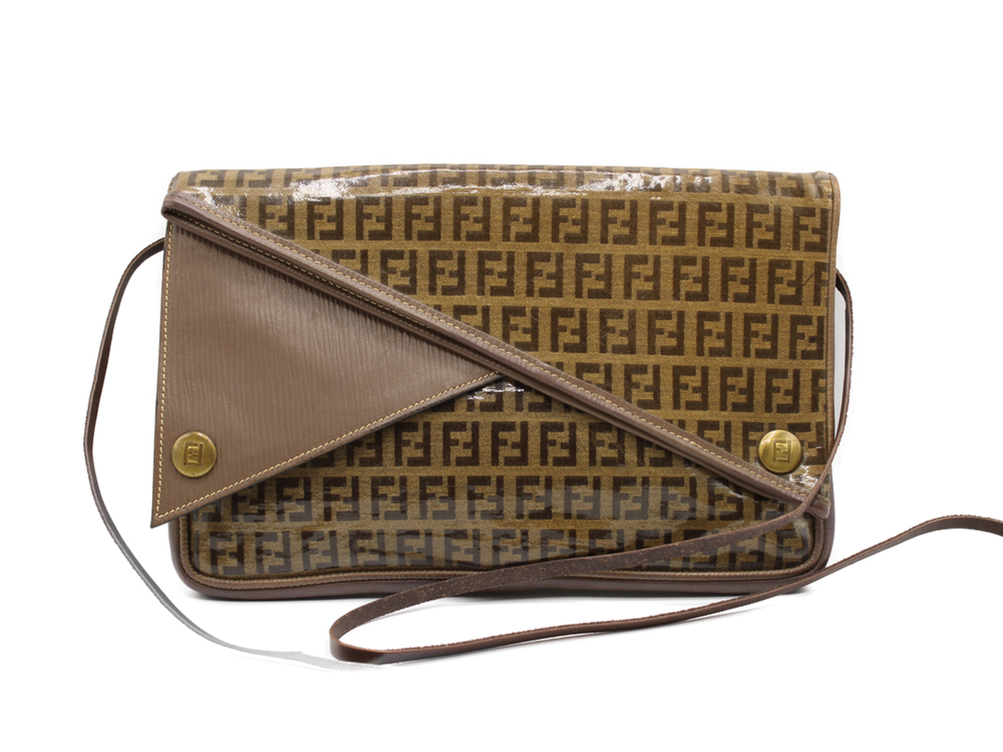 Fendi Zucchino Crossbody Bag Brown Triple Flap Design Vintage Front view