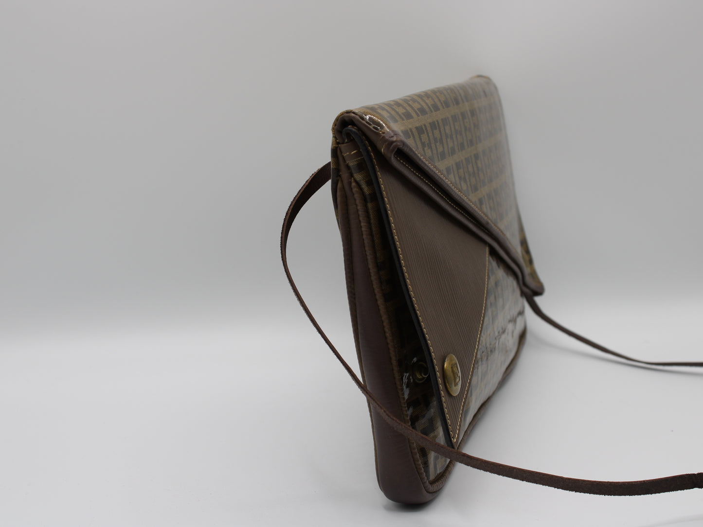 Fendi Zucchino Crossbody Bag Brown Triple Flap Design Vintage
