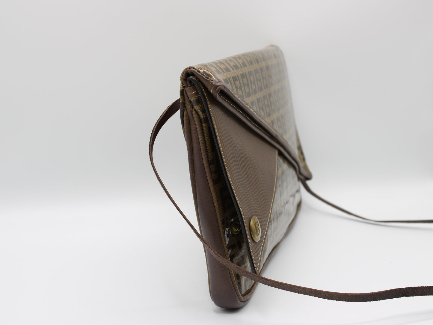Fendi Zucchino Crossbody Bag Brown Triple Flap Design Vintage