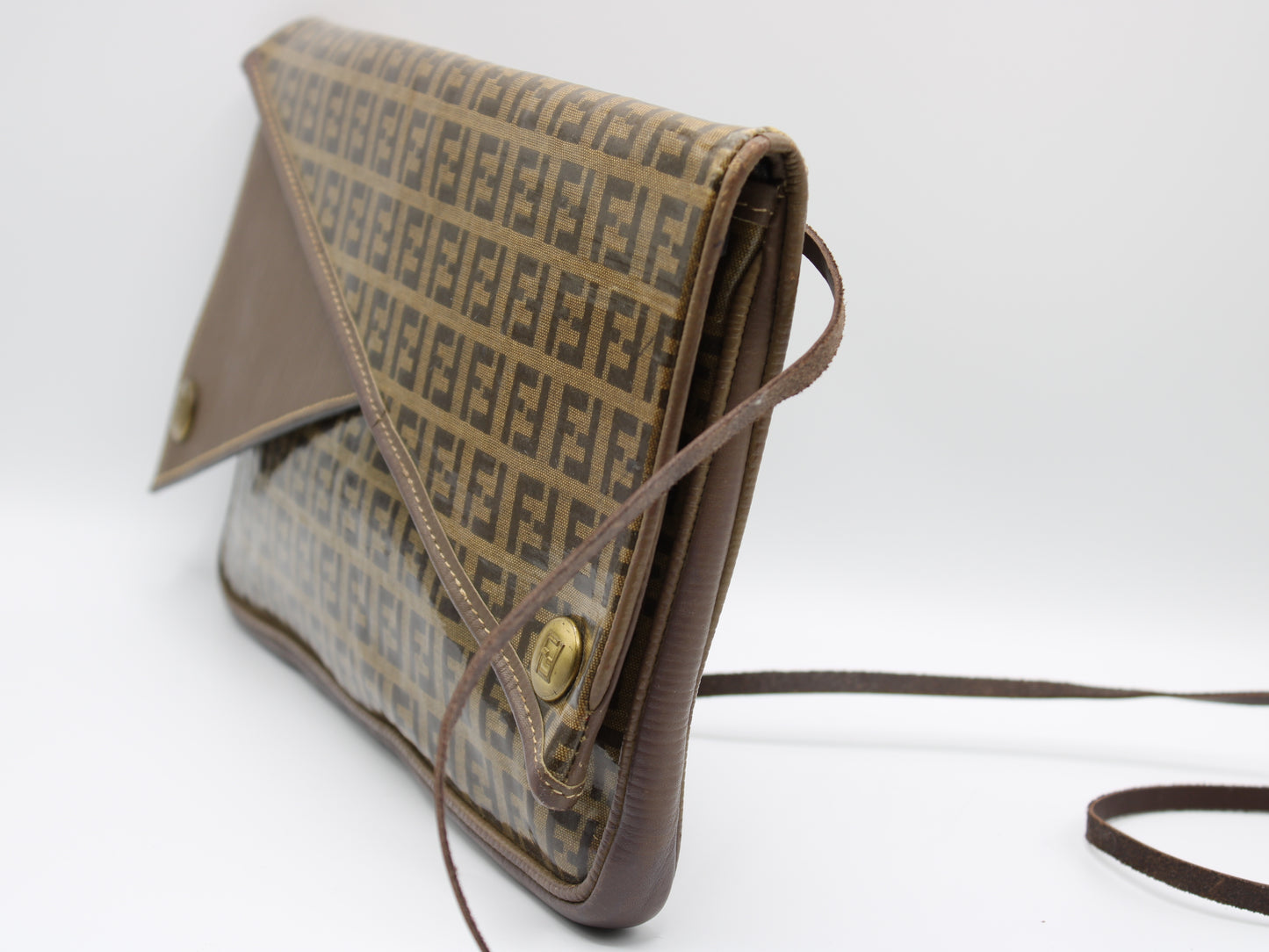 Fendi Zucchino Crossbody Bag Brown Triple Flap Design Vintage