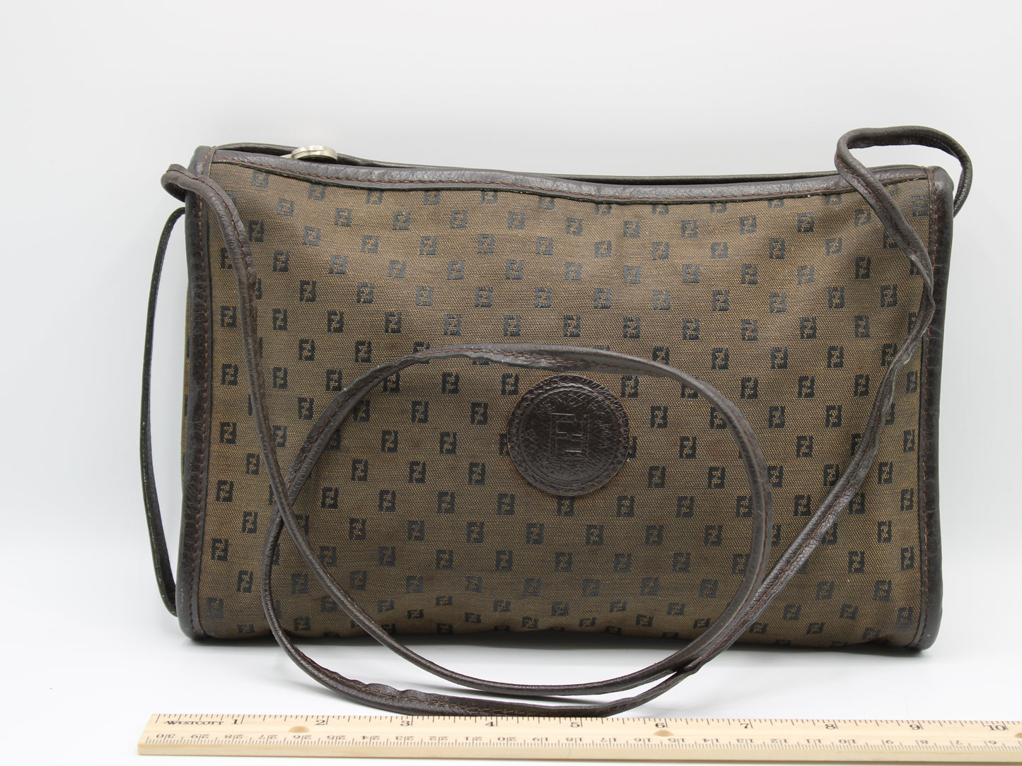 Fendi Brown Canvas Leather FF Zucchino Jacquard Crossbody Bag Vintage