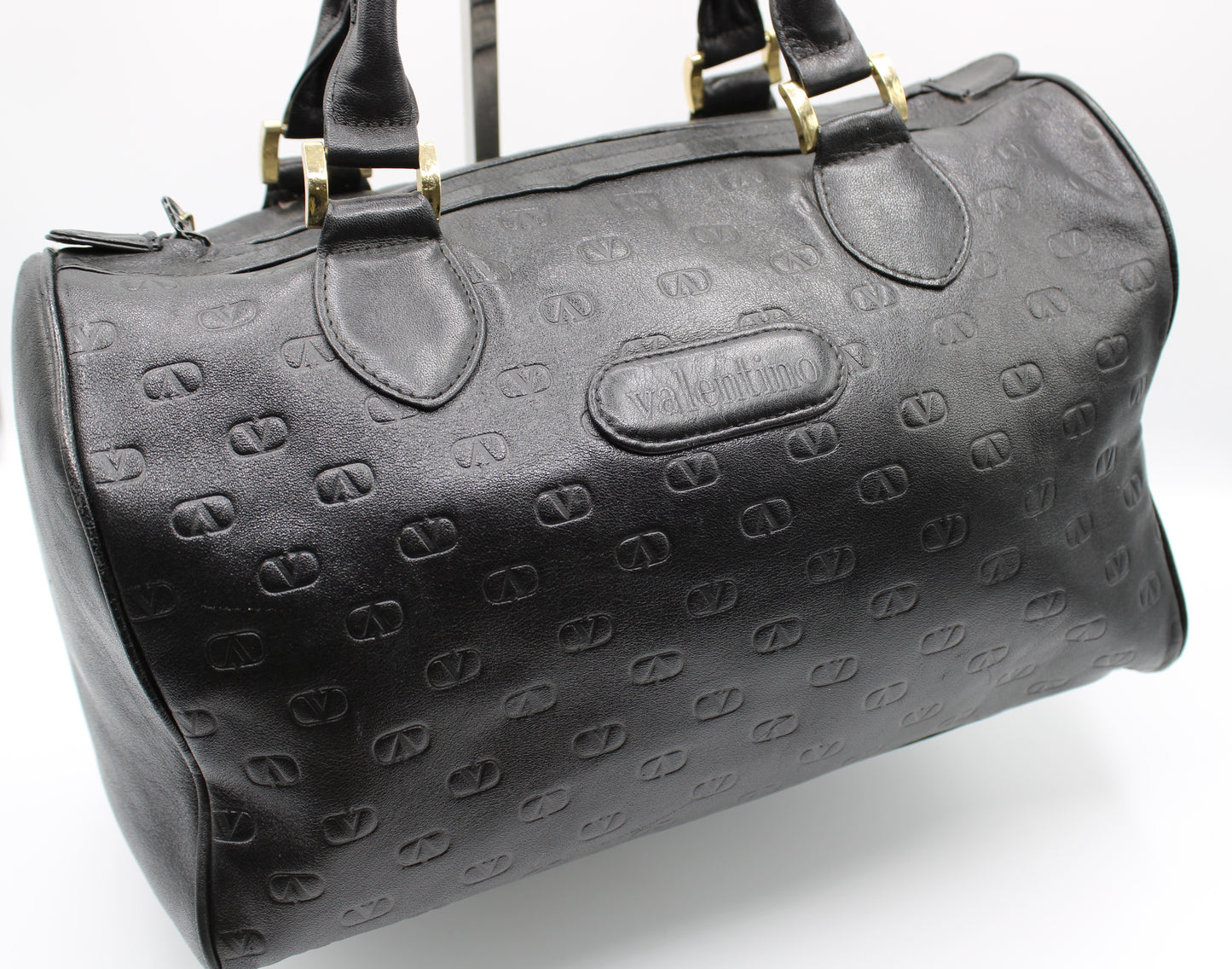 Valentino Garavani Black Embossed Leather Boston Bag Vintage