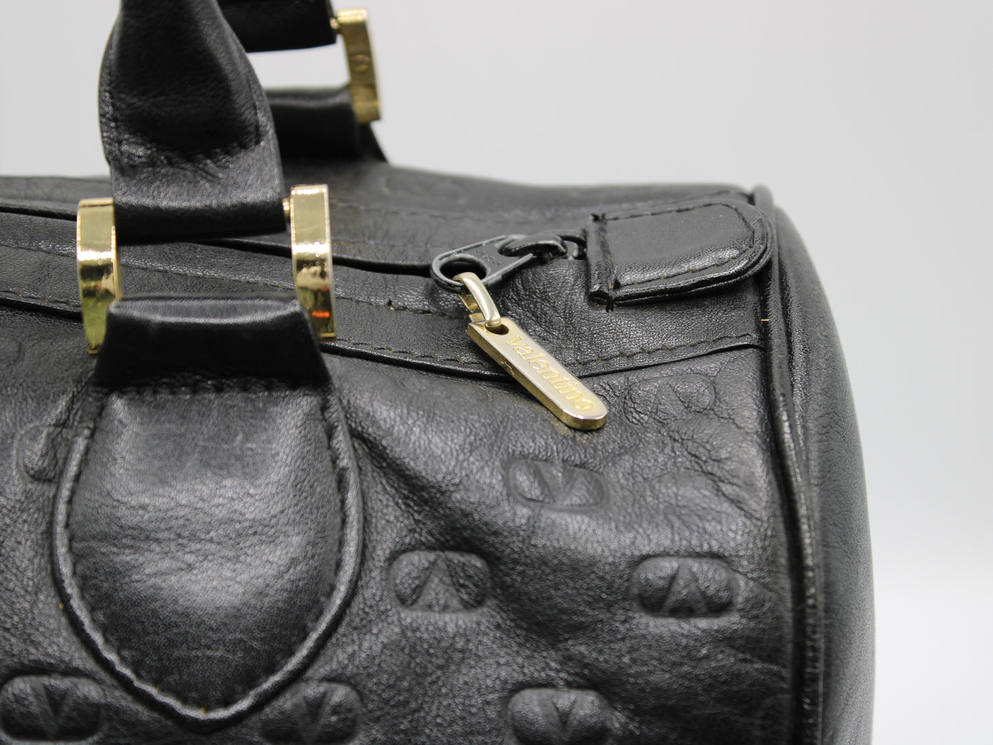 Valentino Garavani Black Embossed Leather Boston Bag Vintage