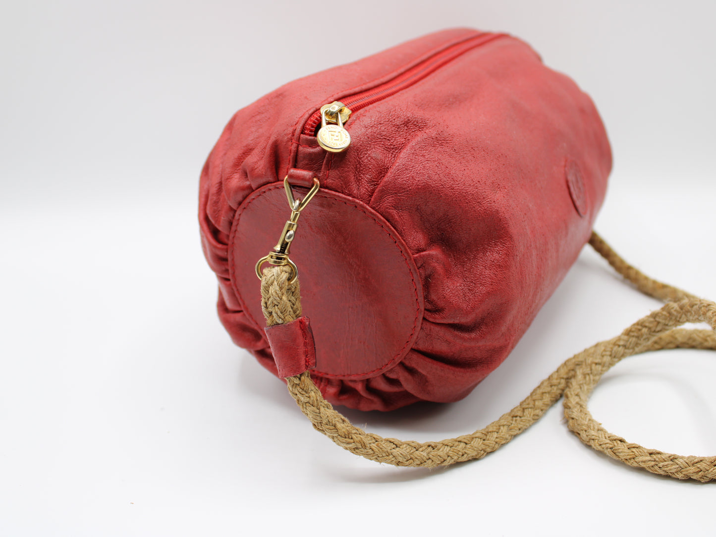 Fendi FF Logo Red Leather Crossbody Straw Strap Bag Vintage