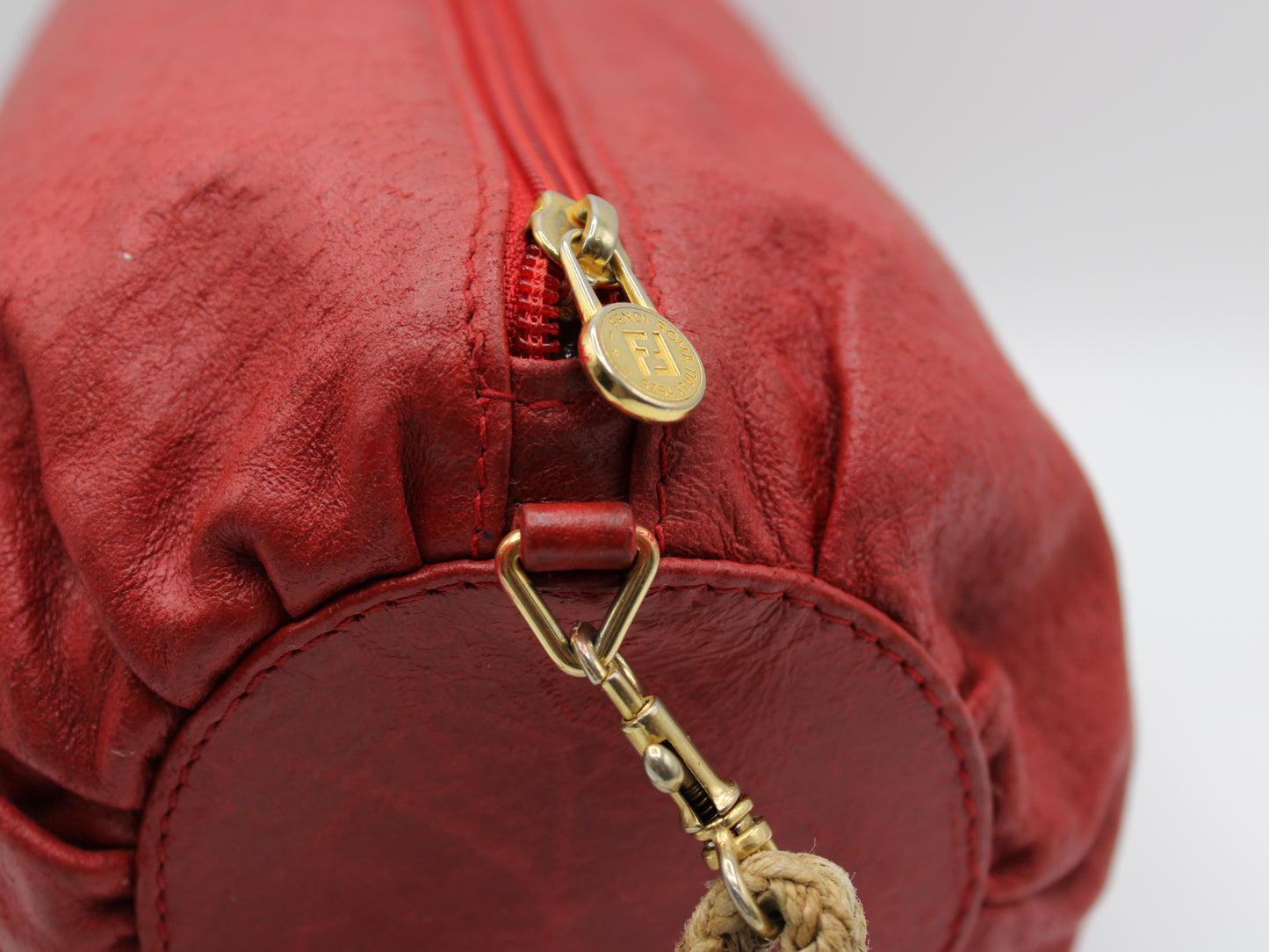 Fendi FF Logo Red Leather Crossbody Straw Strap Bag Vintage