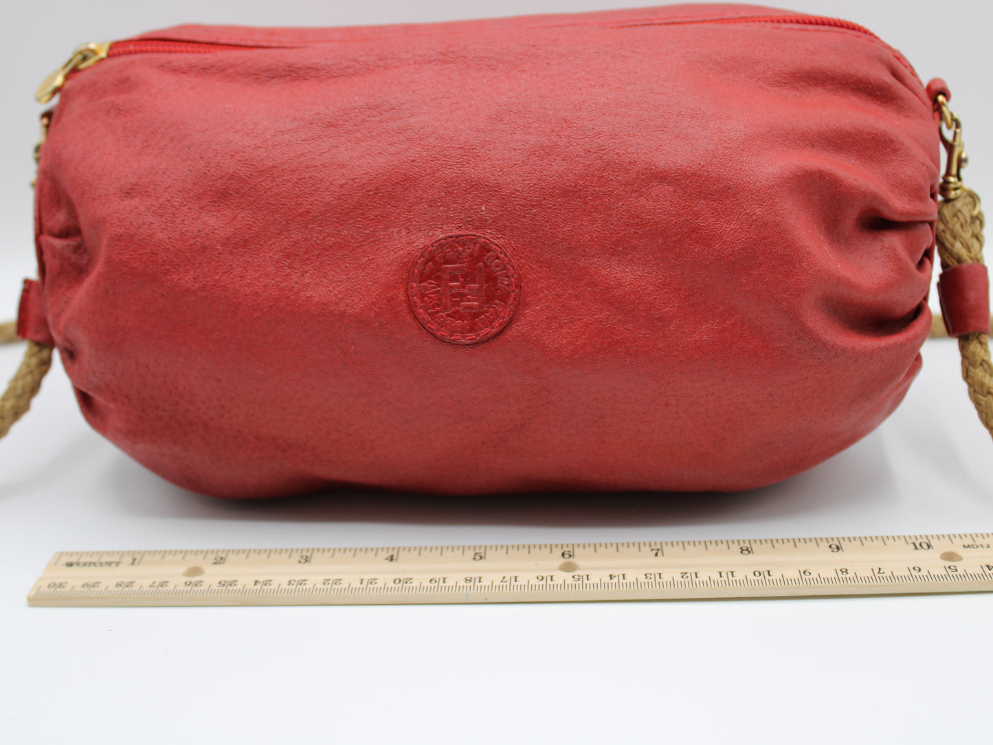 Fendi FF Logo Red Leather Crossbody Straw Strap Bag Vintage