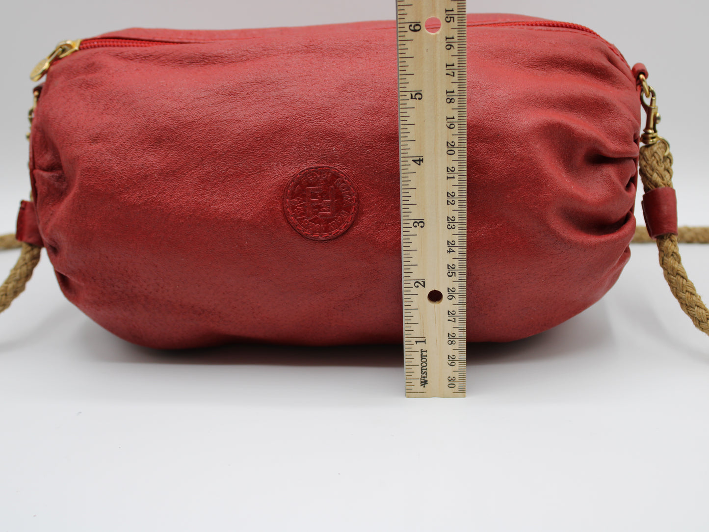 Fendi FF Logo Red Leather Crossbody Straw Strap Bag Vintage