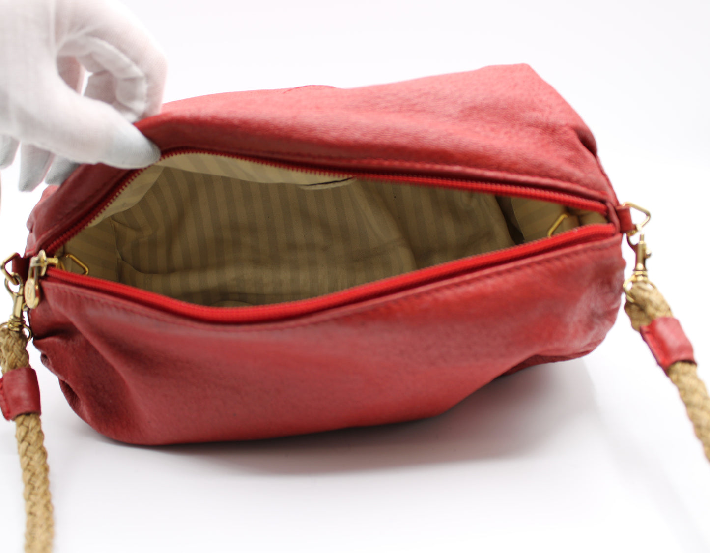 Fendi FF Logo Red Leather Crossbody Straw Strap Bag Vintage