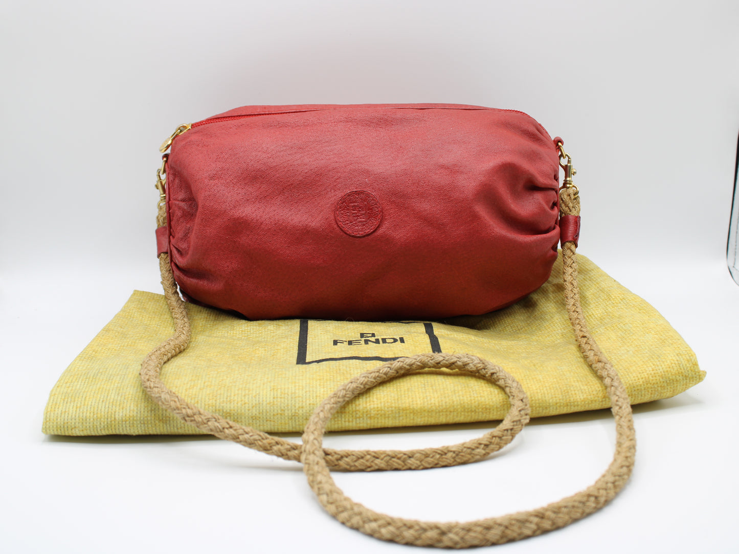 Fendi FF Logo Red Leather Crossbody Straw Strap Bag Vintage