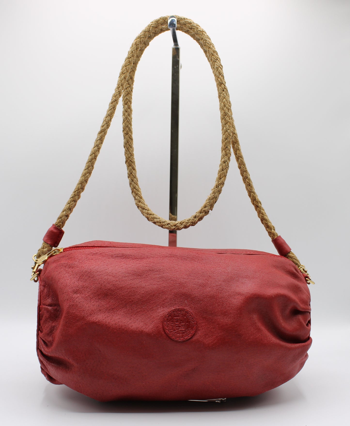 Fendi FF Logo Red Leather Crossbody Straw Strap Bag Vintage
