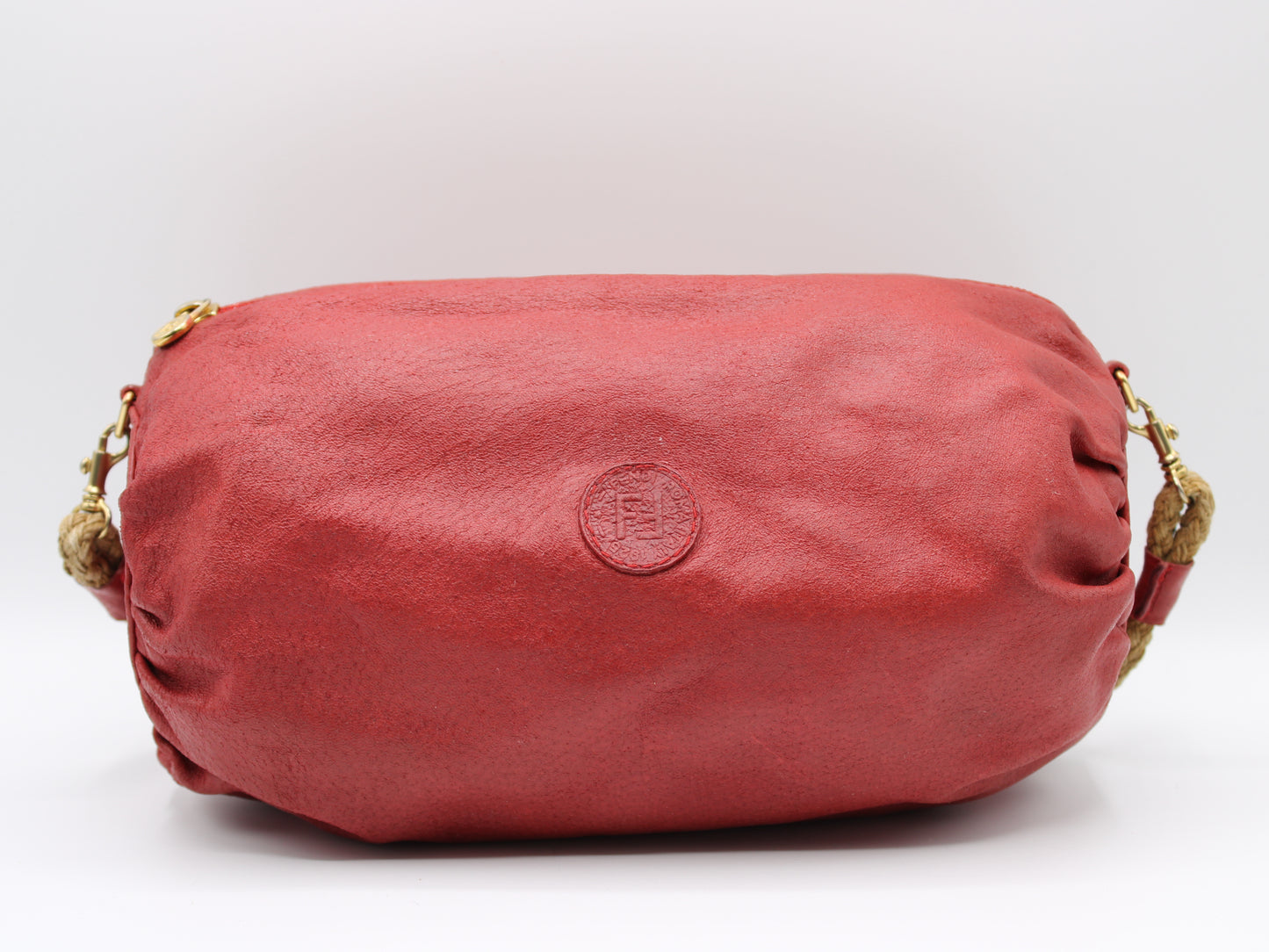 Fendi FF Logo Red Leather Crossbody Straw Strap Bag Vintage