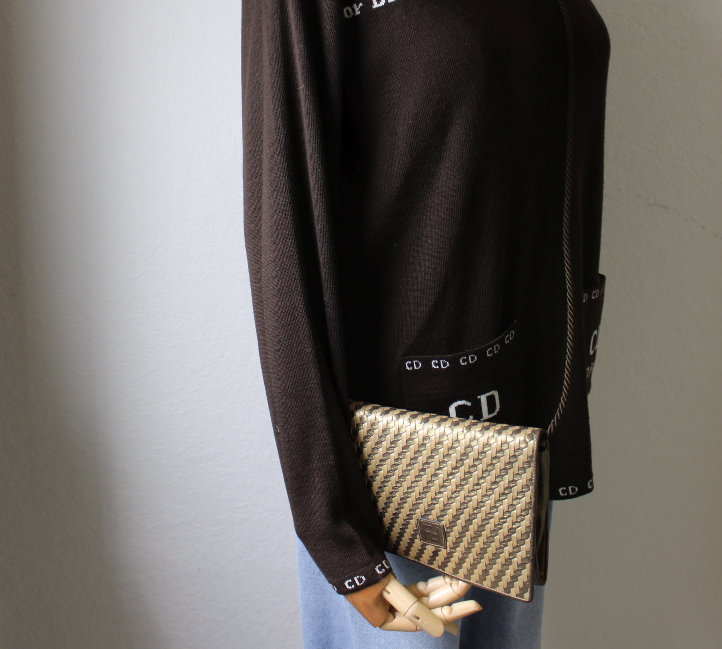 Fendi Bag Gold Tone Braided Leather Crossbody FF Logo Vintage