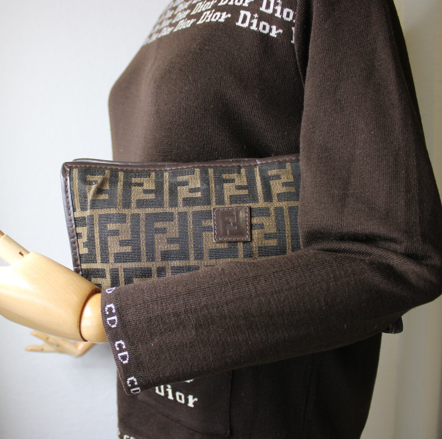 Fendi Zucca Brown FF Canvas with Leather Clutch Bag Vintage