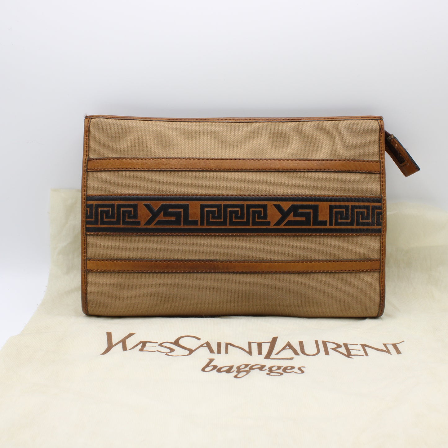 Yves Saint Laurent Clutch Sand YSL Canvas Havana Leather Vintage