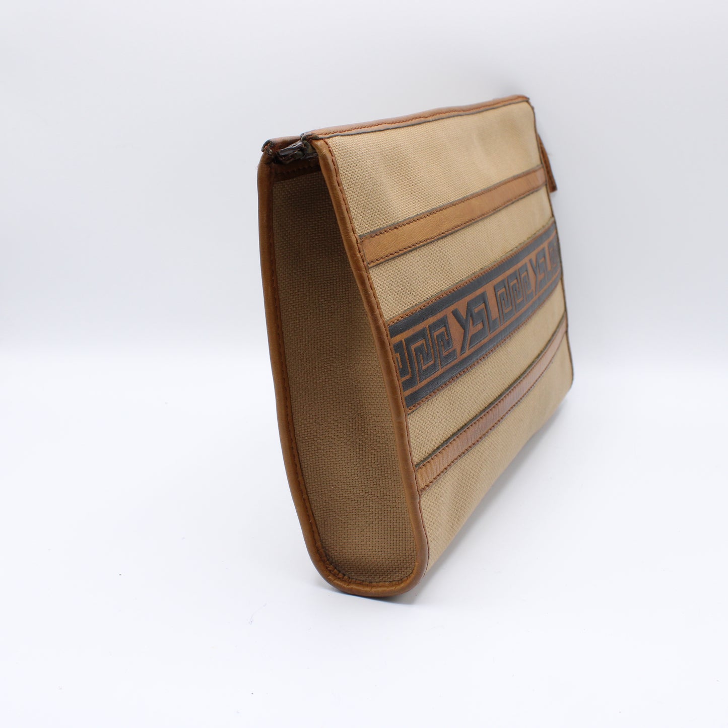 Yves Saint Laurent Clutch Sand YSL Canvas Havana Leather Vintage