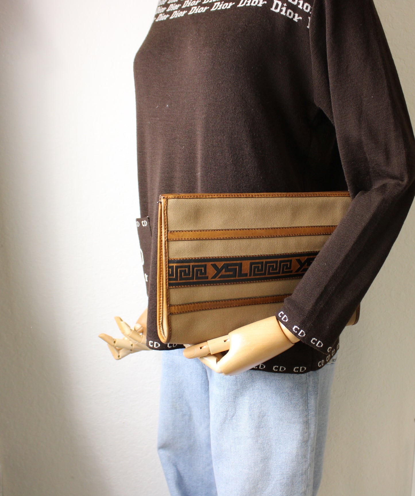 Yves Saint Laurent Clutch Sand YSL Canvas Havana Leather Vintage