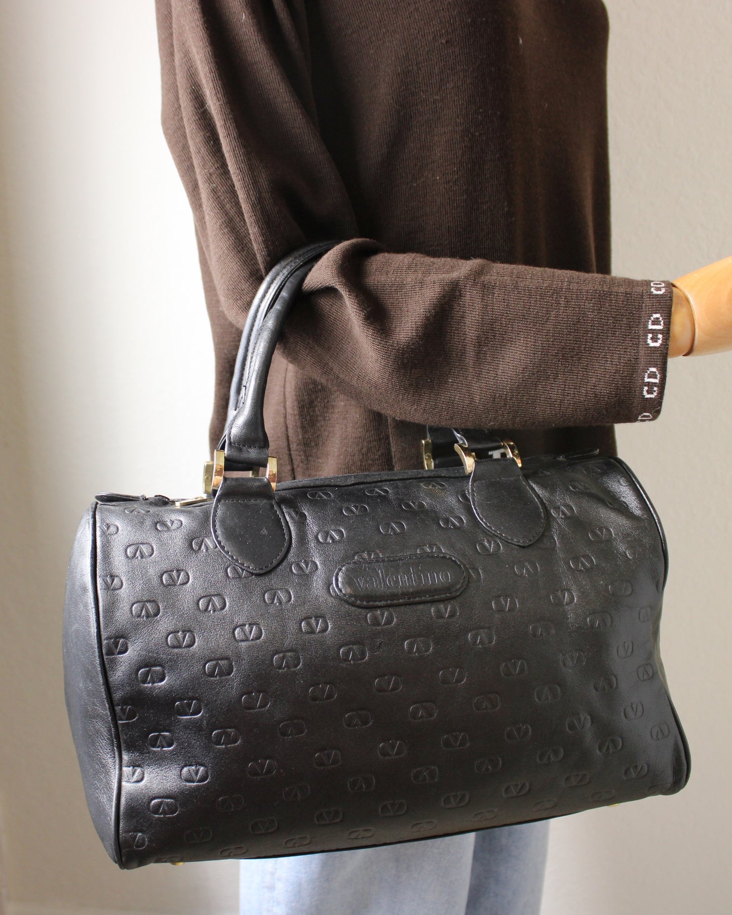 Valentino Garavani Black Embossed Leather Boston Bag Vintage