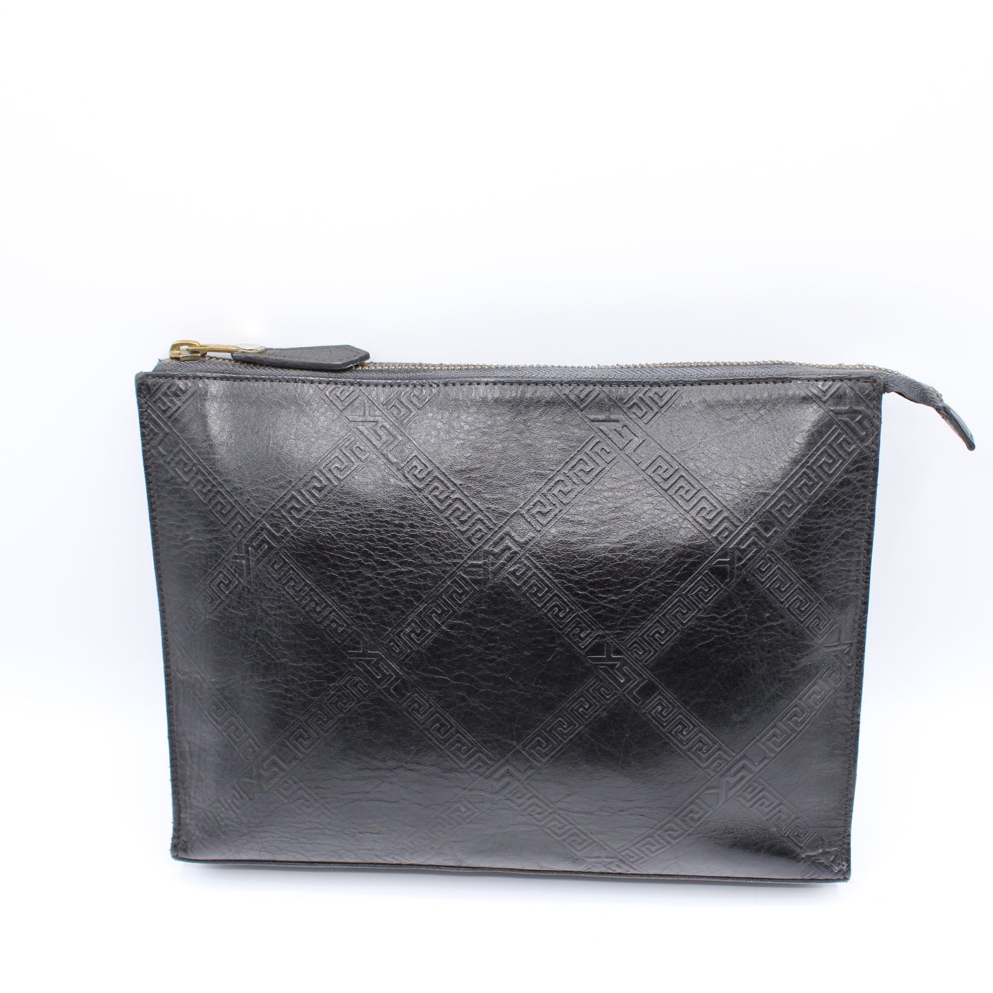 Yves Saint Laurent Clutch Black Leather Pouch Geometric Embossing YSL Vintage