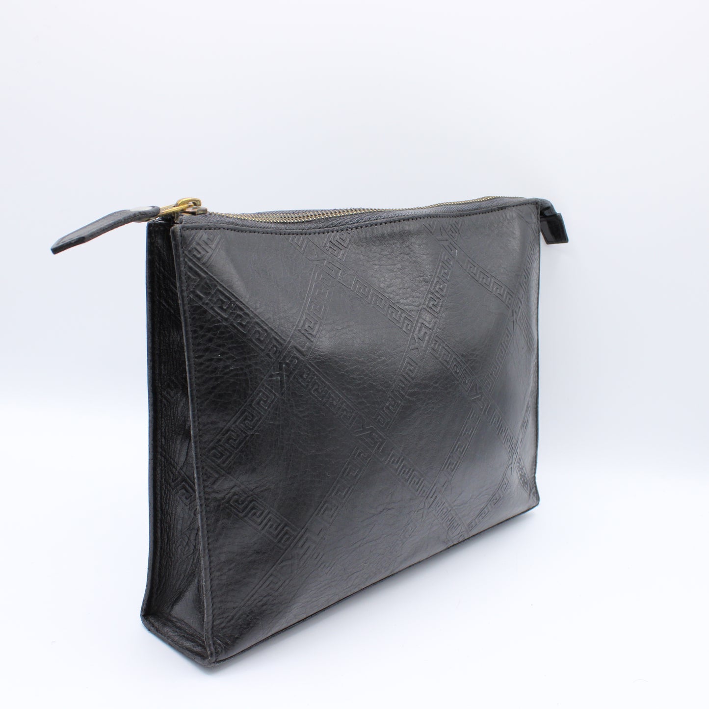 Yves Saint Laurent Clutch Black Leather Pouch Geometric Embossing YSL Vintage