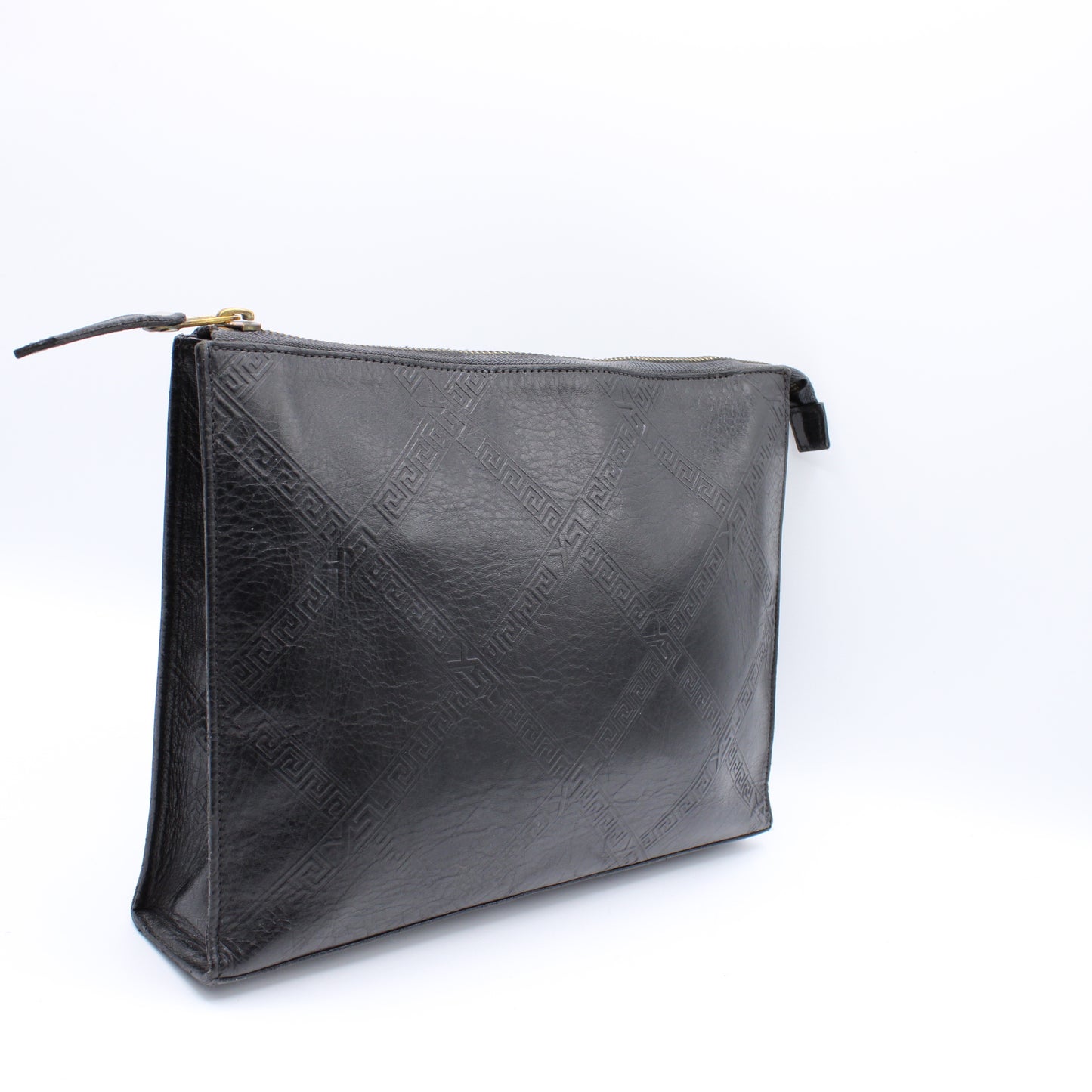 Yves Saint Laurent Clutch Black Leather Pouch Geometric Embossing YSL Vintage