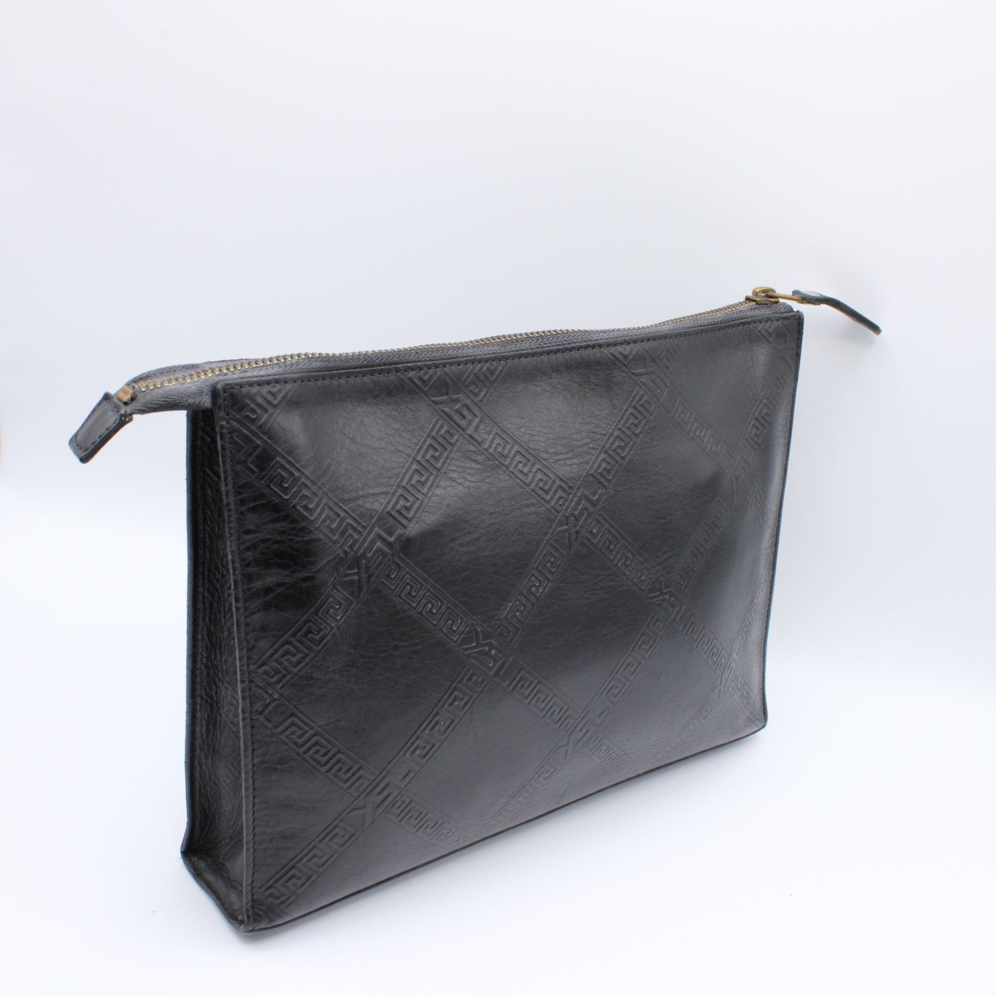 Yves Saint Laurent Clutch Black Leather Pouch Geometric Embossing YSL Vintage