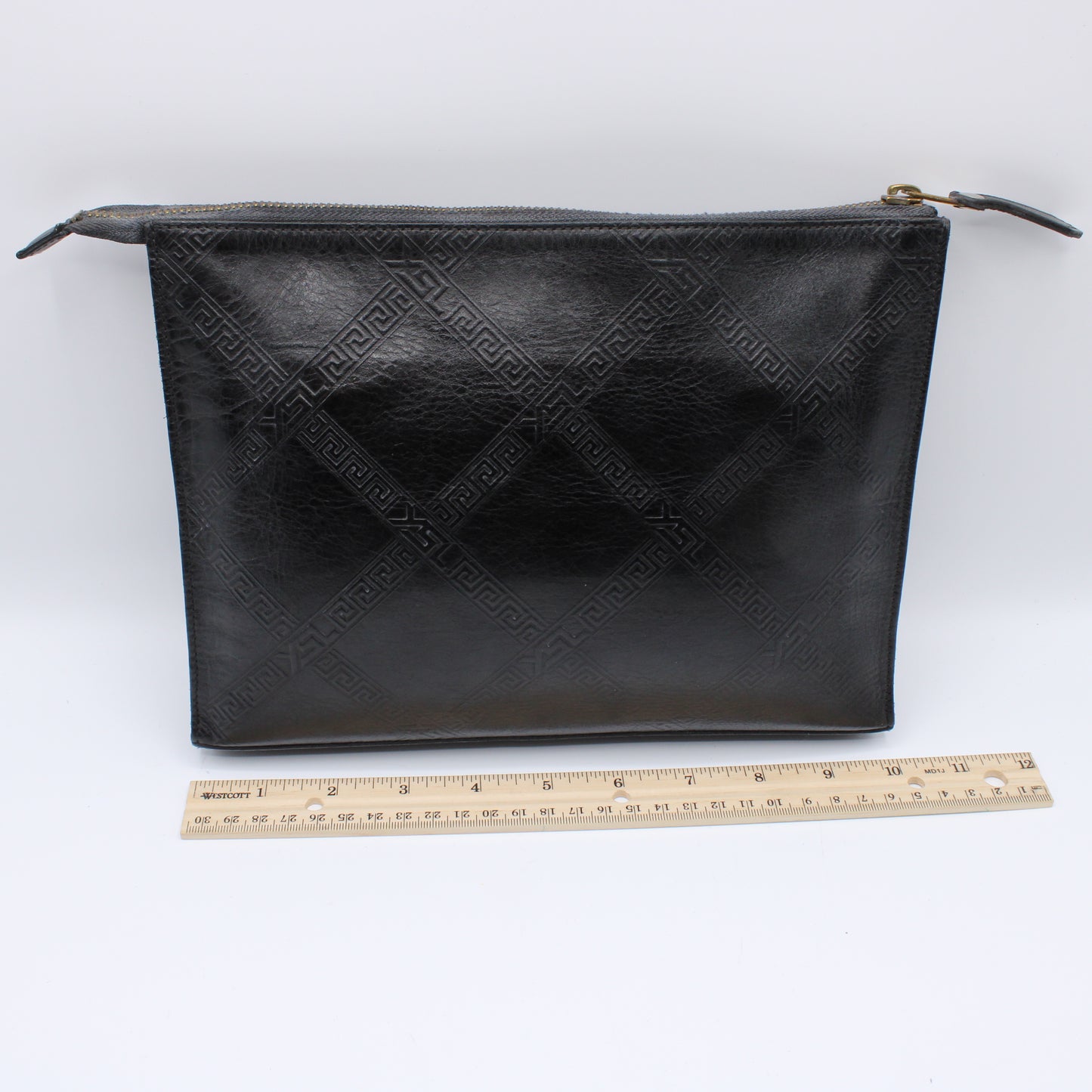 Yves Saint Laurent Clutch Black Leather Pouch Geometric Embossing YSL Vintage