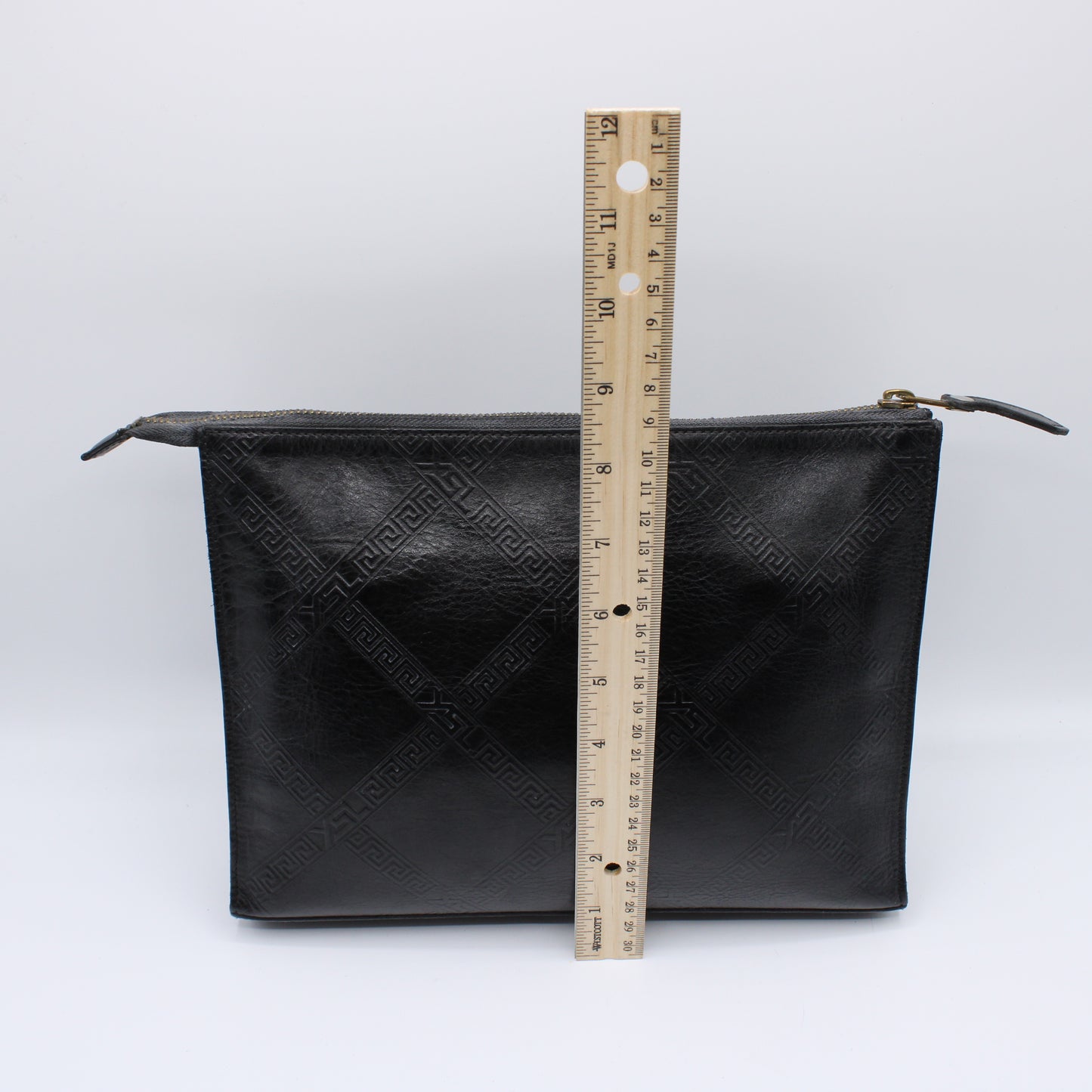 Yves Saint Laurent Clutch Black Leather Pouch Geometric Embossing YSL Vintage