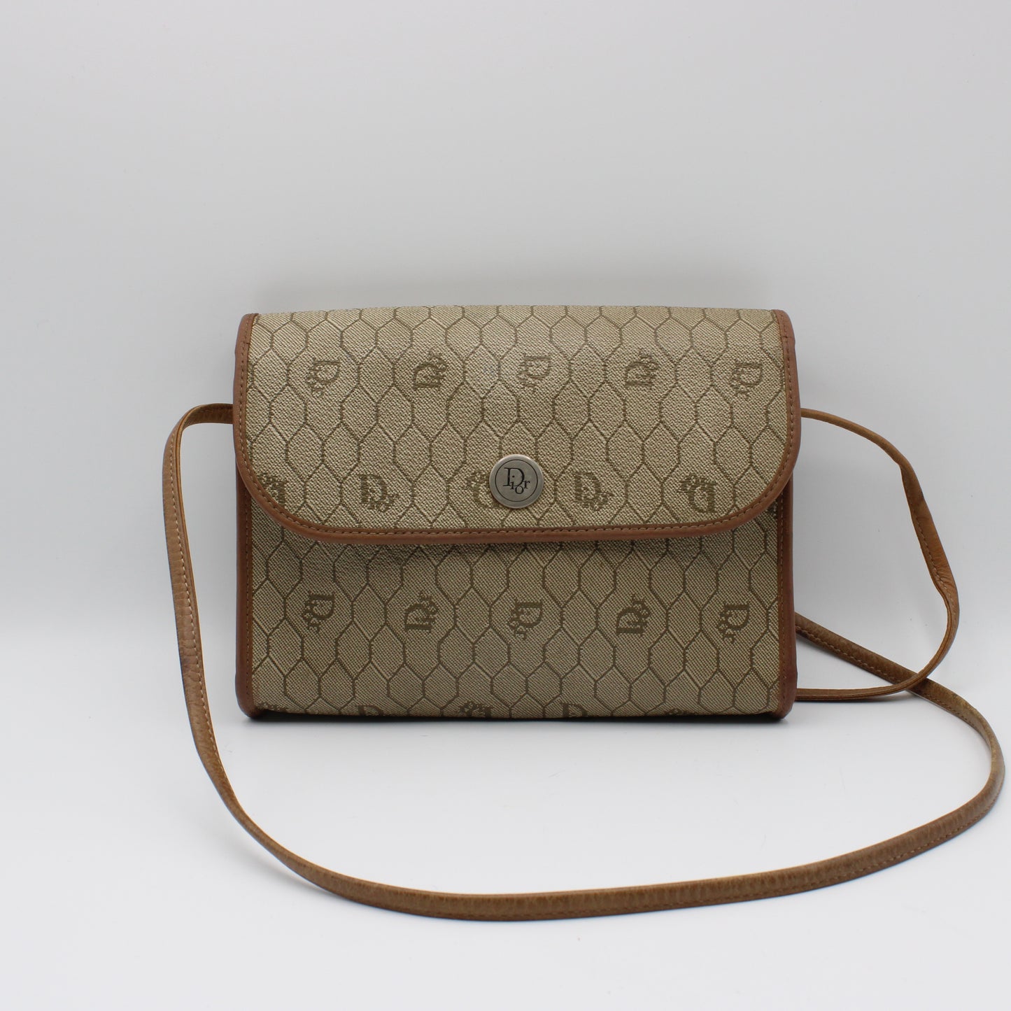 Christian Dior Brown Honeycomb D Patterned Canvas Crossbody Bag Vintage