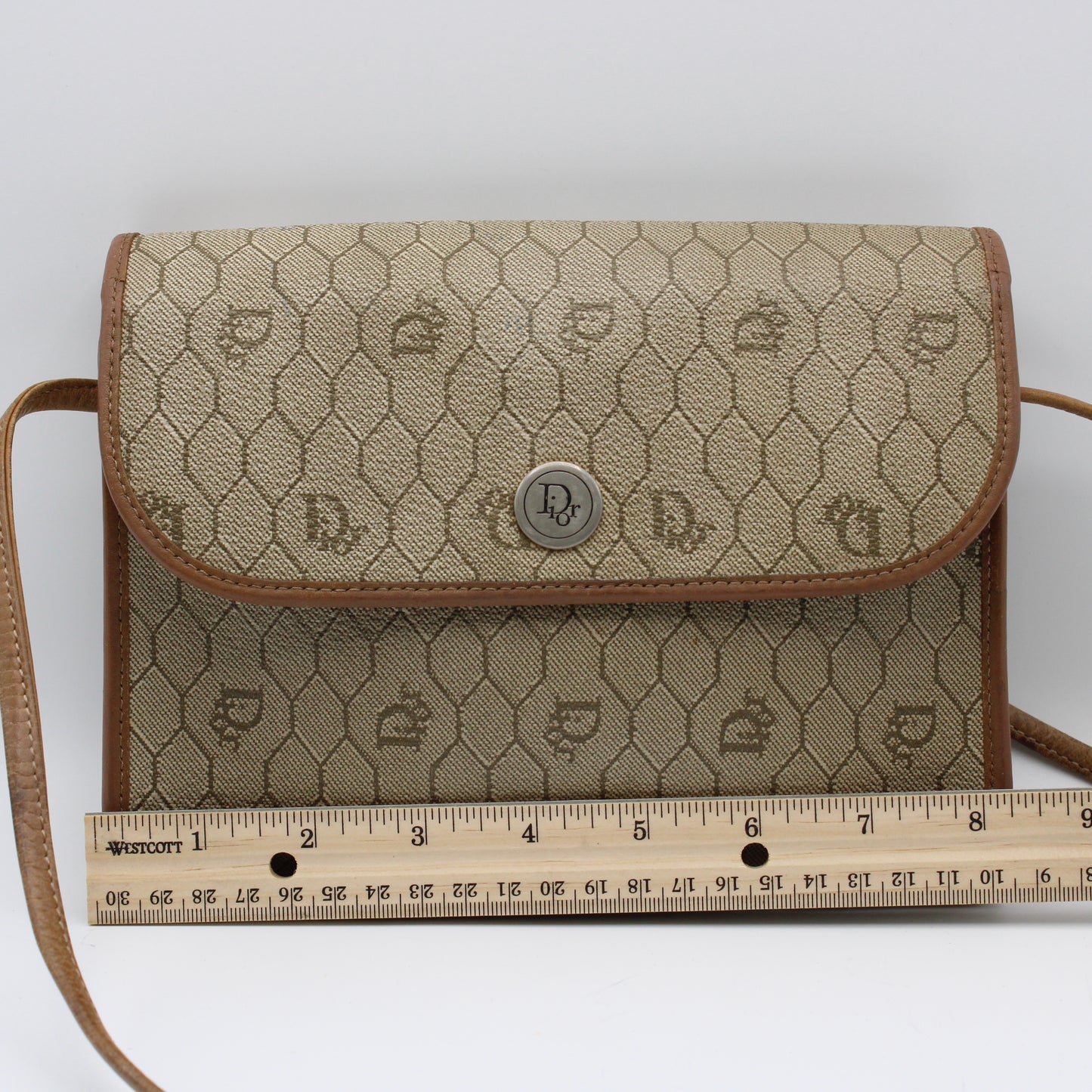 Christian Dior Brown Honeycomb D Patterned Canvas Crossbody Bag Vintage