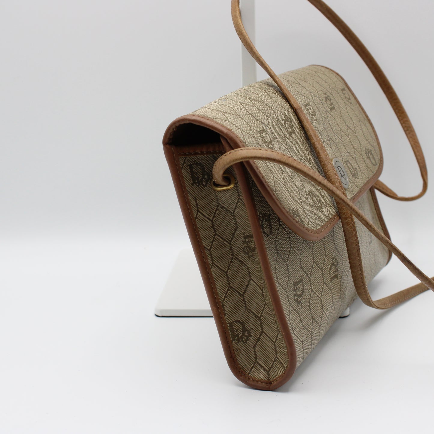 Christian Dior Brown Honeycomb D Patterned Canvas Crossbody Bag Vintage