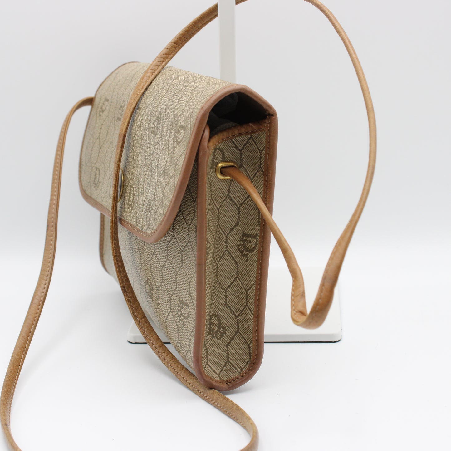 Christian Dior Brown Honeycomb D Patterned Canvas Crossbody Bag Vintage