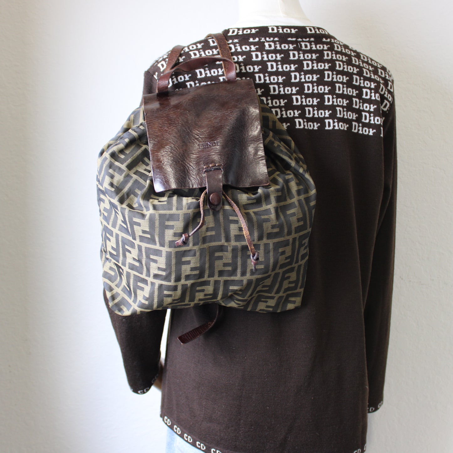 Fendi Zucca Pattern Brown Leather Canvas Backpack