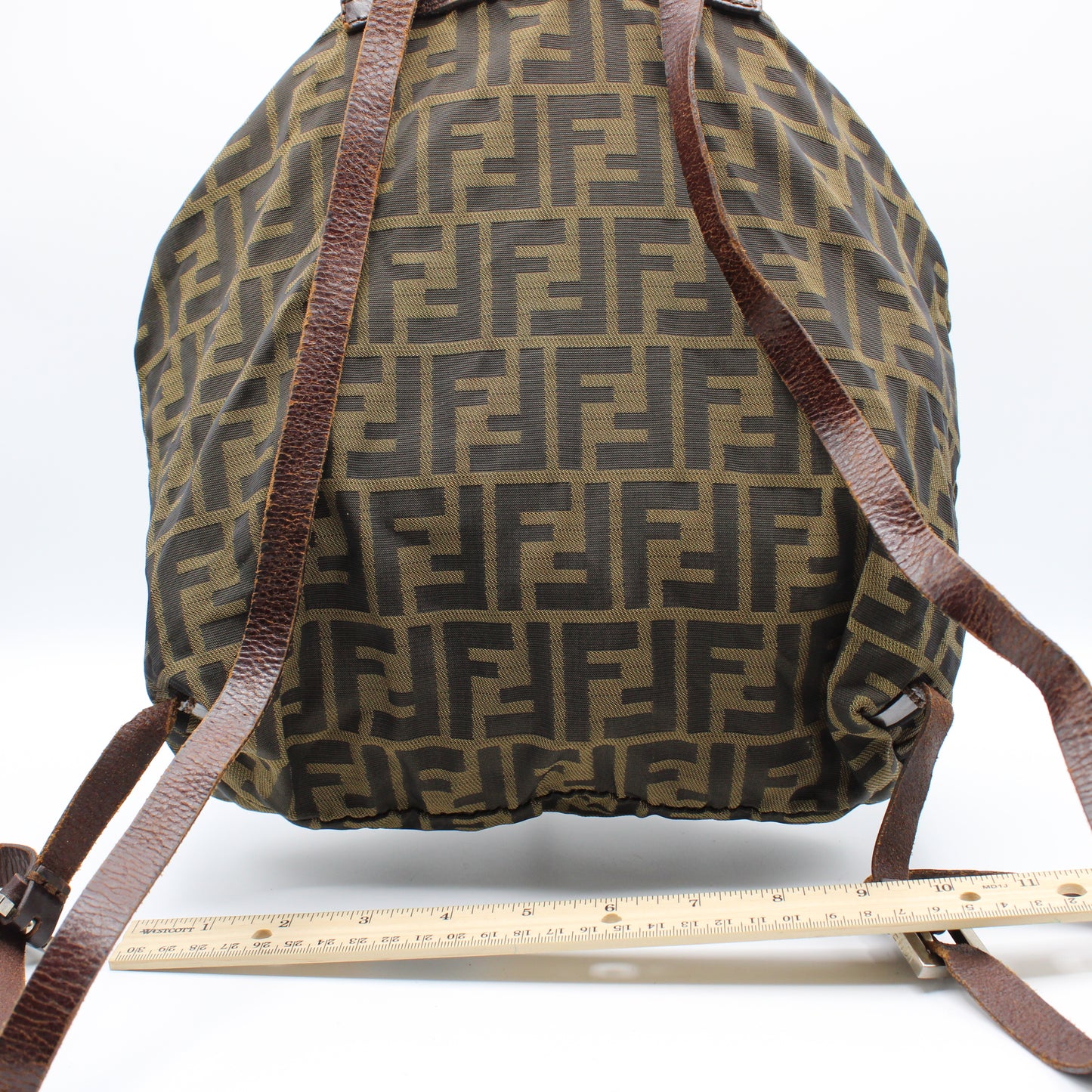 Fendi Zucca Pattern Brown Leather Canvas Backpack
