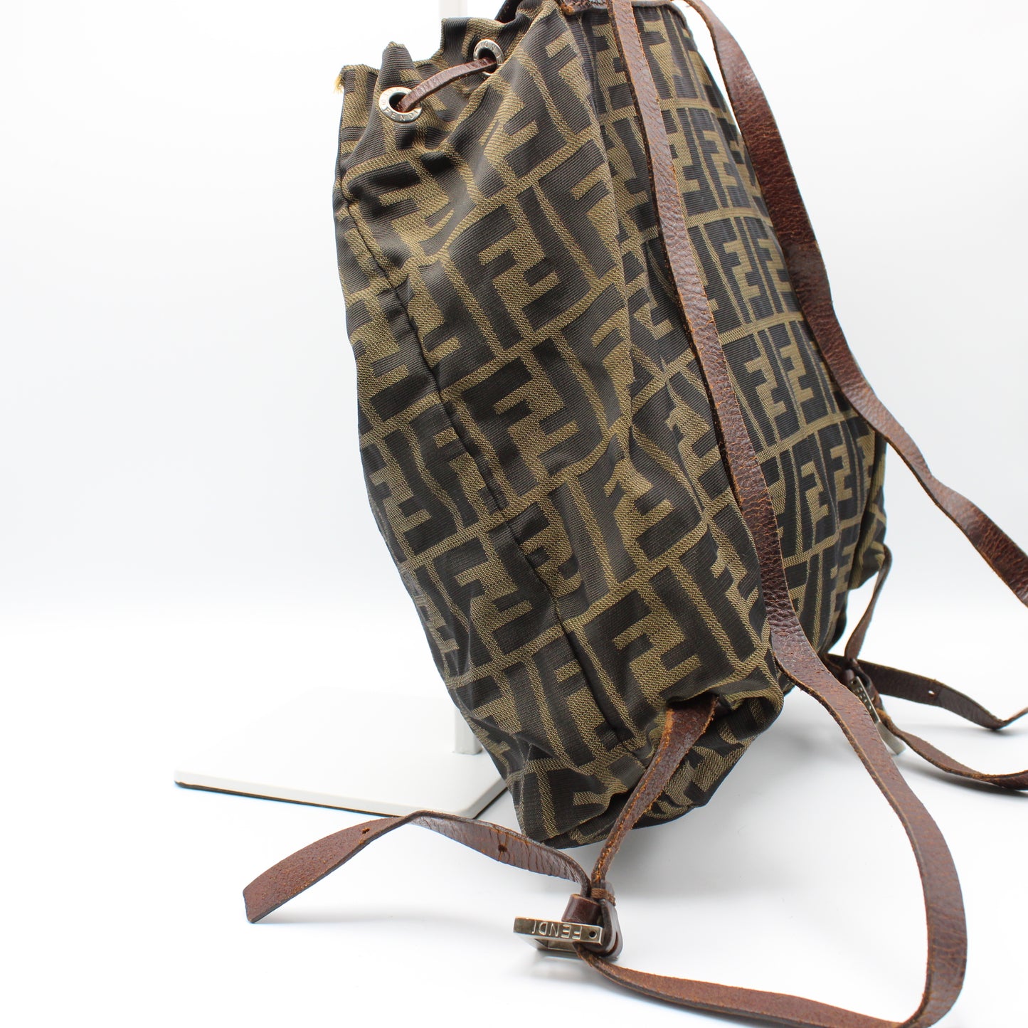 Fendi Zucca Pattern Brown Leather Canvas Backpack