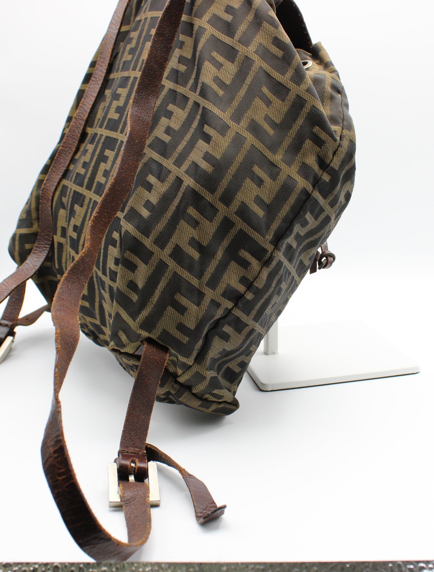 Fendi Zucca Pattern Brown Leather Canvas Backpack