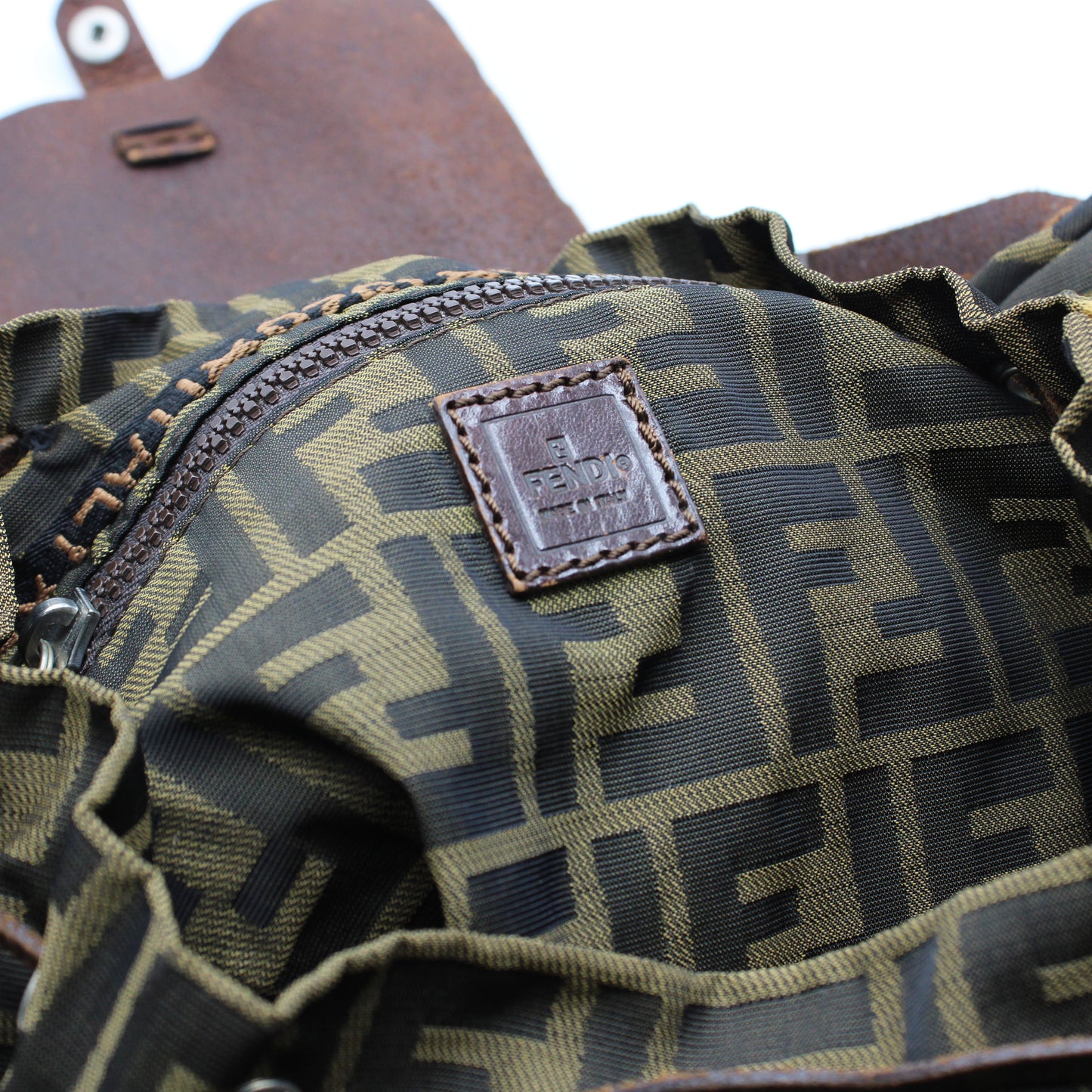 Fendi Zucca Pattern Brown Leather Canvas Backpack