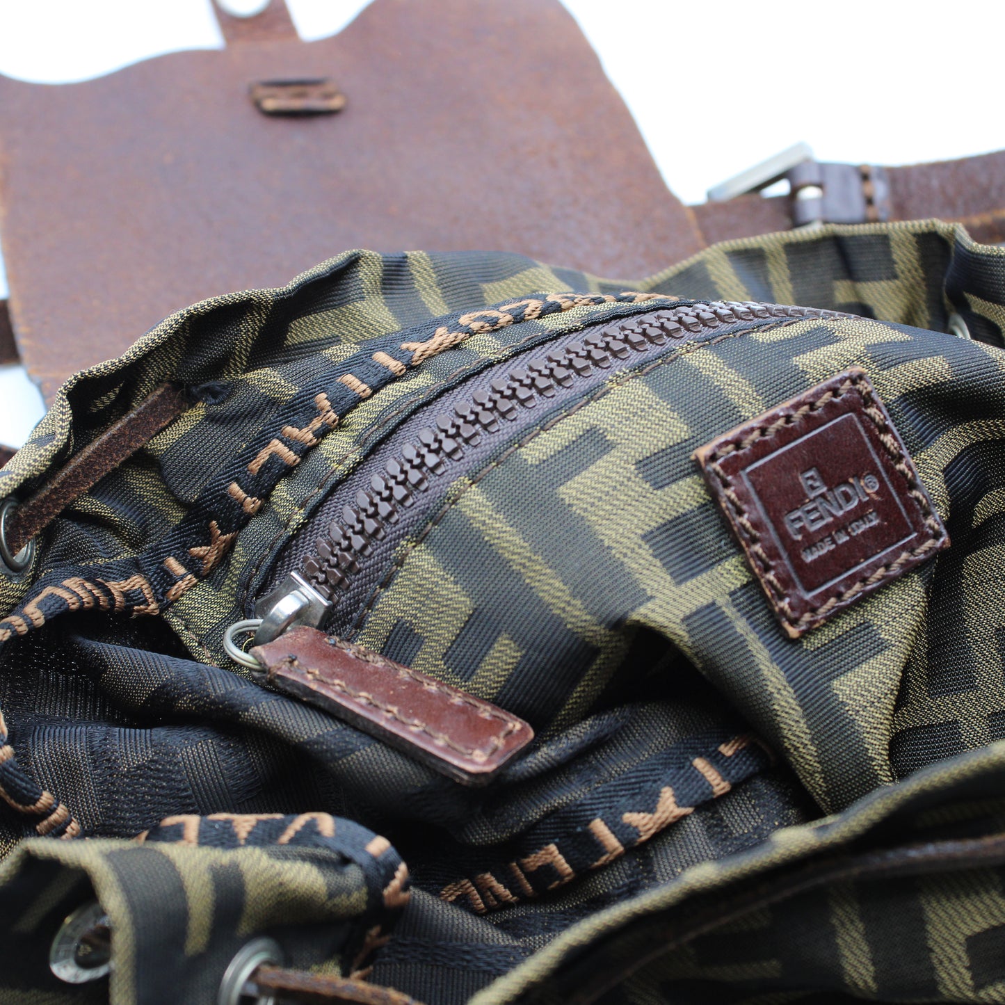 Fendi Zucca Pattern Brown Leather Canvas Backpack