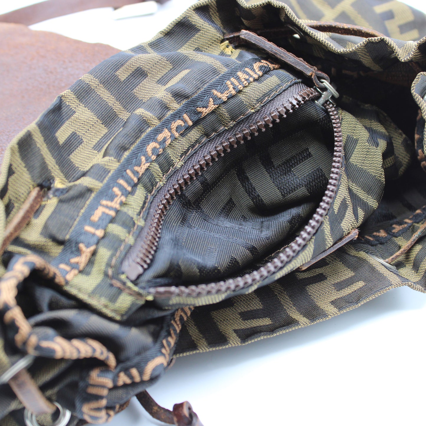 Fendi Zucca Pattern Brown Leather Canvas Backpack