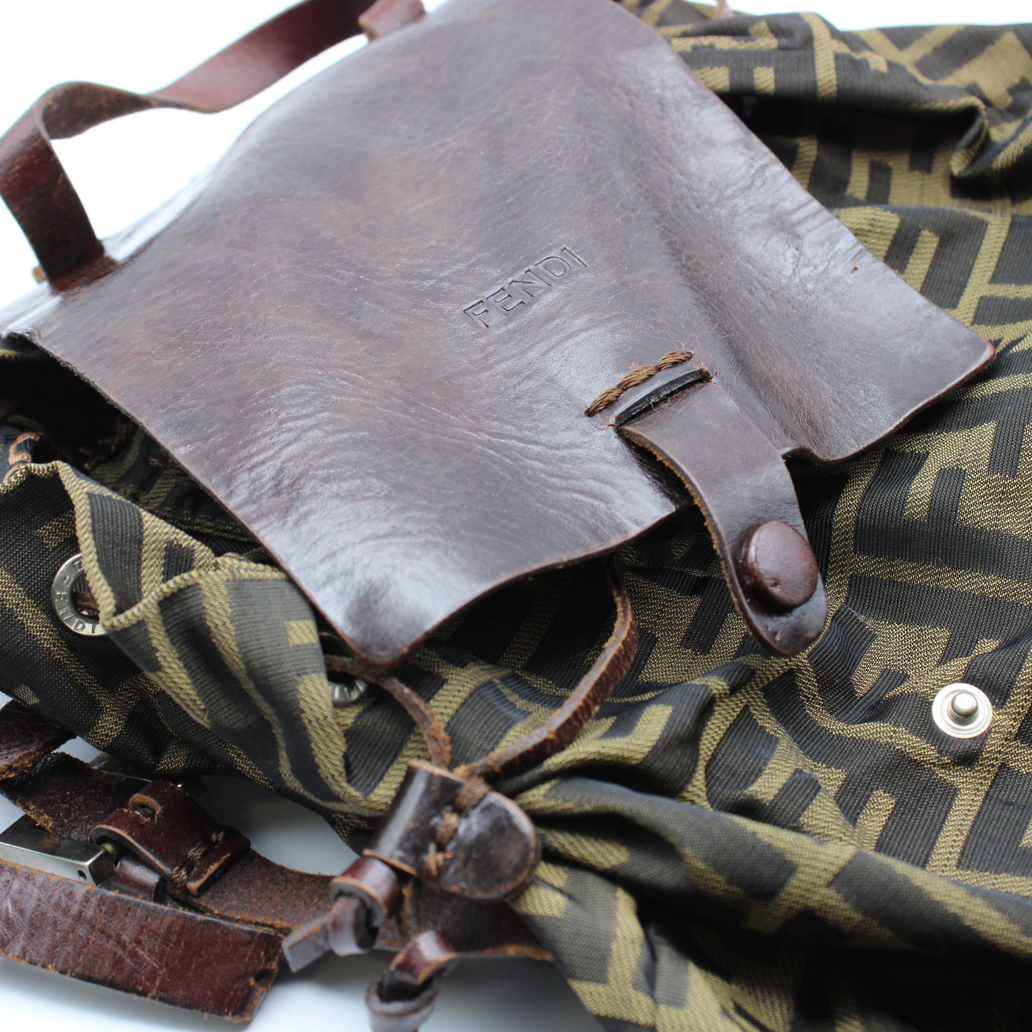 Fendi Zucca Pattern Brown Leather Canvas Backpack