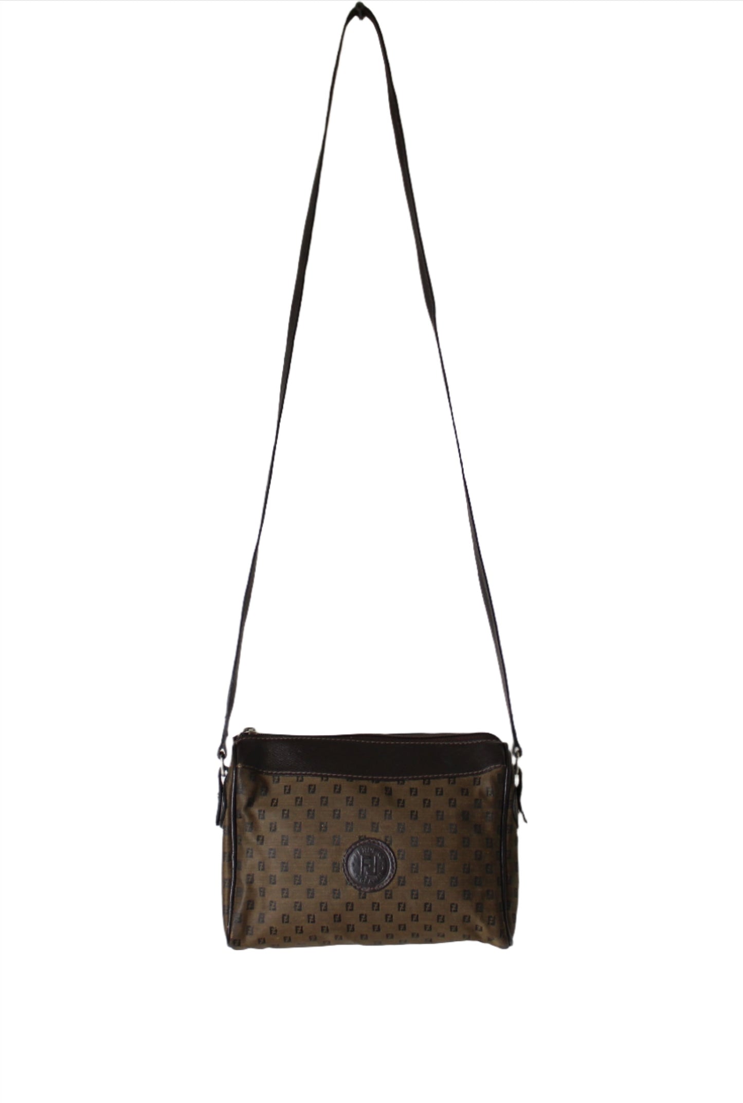 Fendi Zucca FF Canvas Brown Leather Trim Crossbody Bag